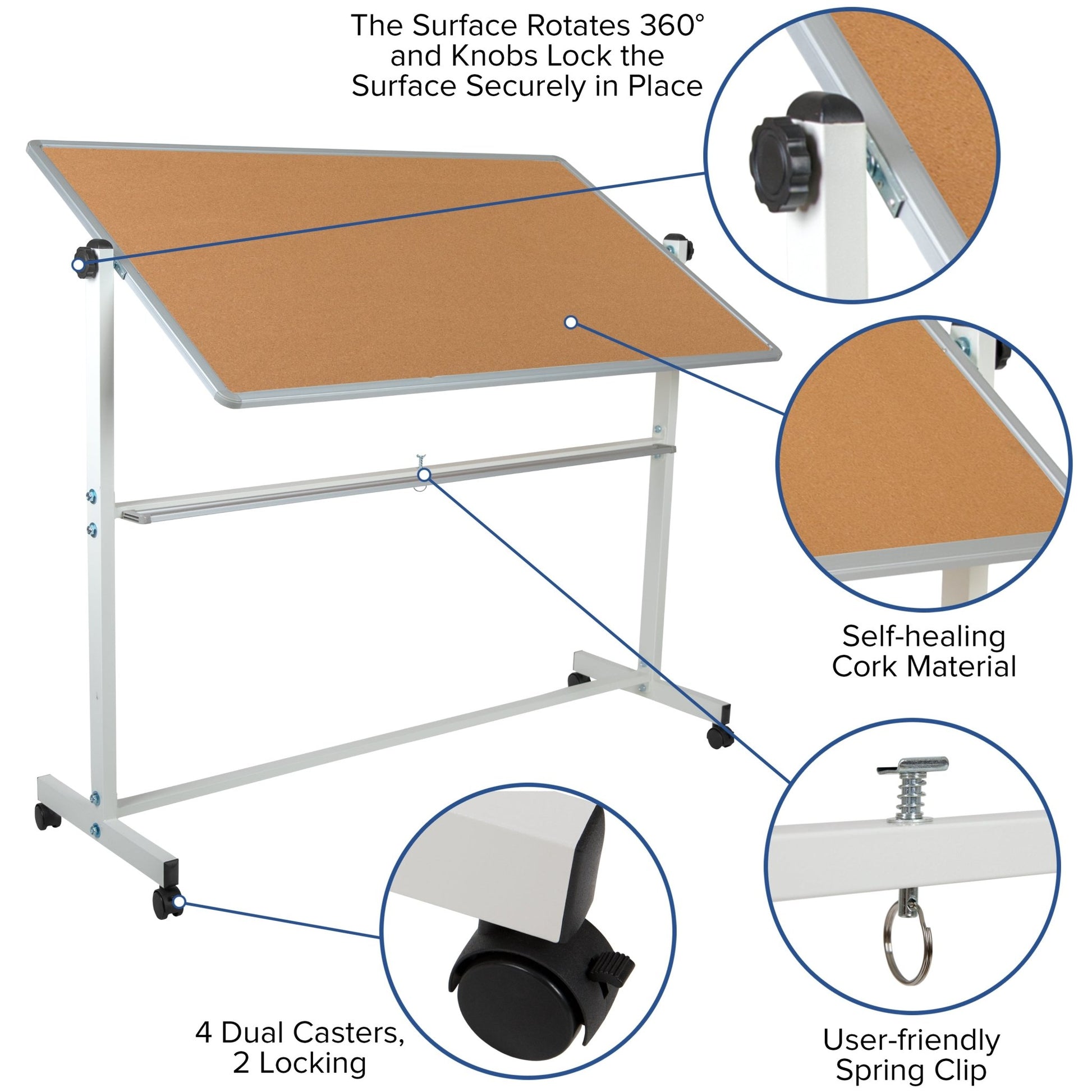 HERCULES Series 62.5"W x 62.25"H Reversible Mobile Cork Bulletin Board and White Board with Pen Tray - SchoolOutlet