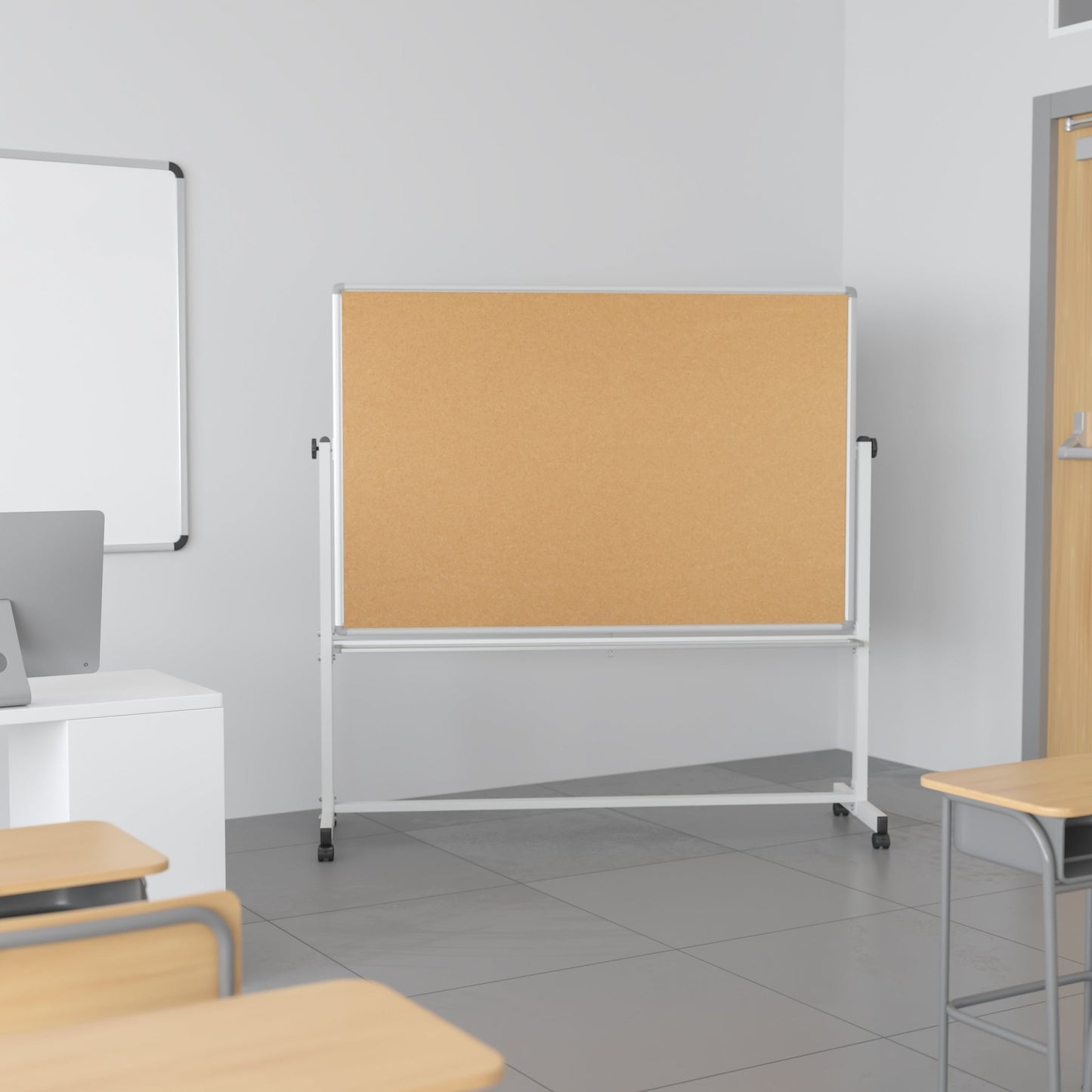 HERCULES Series 62.5"W x 62.25"H Reversible Mobile Cork Bulletin Board and White Board with Pen Tray - SchoolOutlet