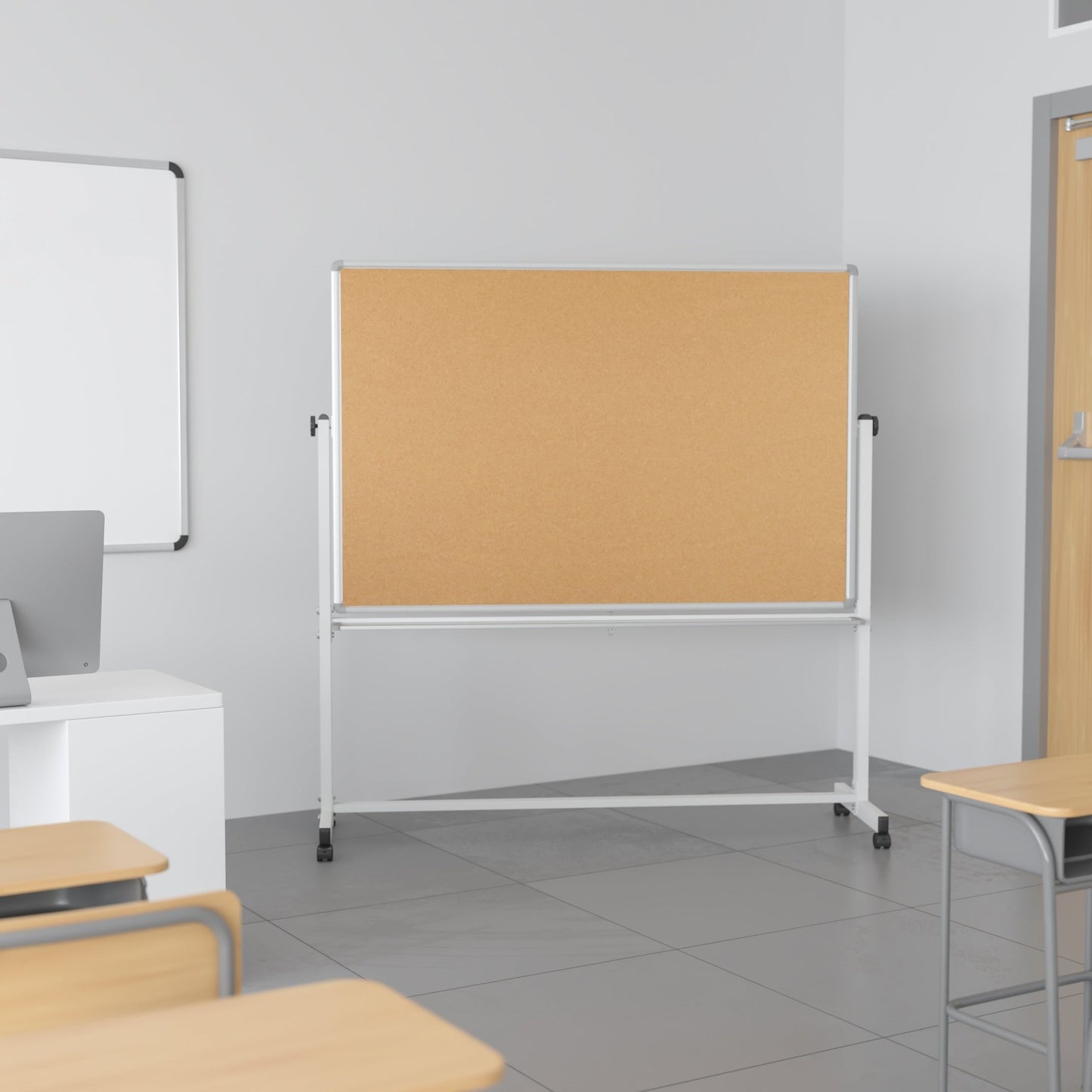 HERCULES Series 64.25"W x 64.75"H Reversible Mobile Cork Bulletin Board and White Board with Pen Tray - SchoolOutlet