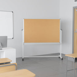 HERCULES Series 64.25"W x 64.75"H Reversible Mobile Cork Bulletin Board and White Board with Pen Tray