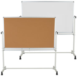 HERCULES Series 64.25"W x 64.75"H Reversible Mobile Cork Bulletin Board and White Board with Pen Tray