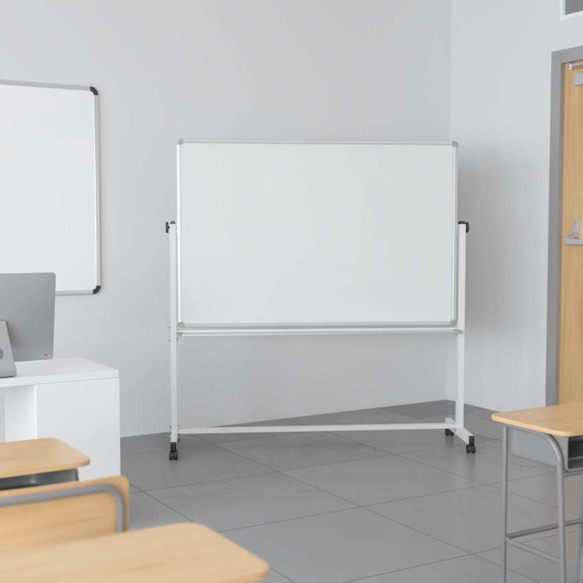 HERCULES Series 64.25"W x 64.75"H Double-Sided Mobile White Board with Pen Tray - SchoolOutlet