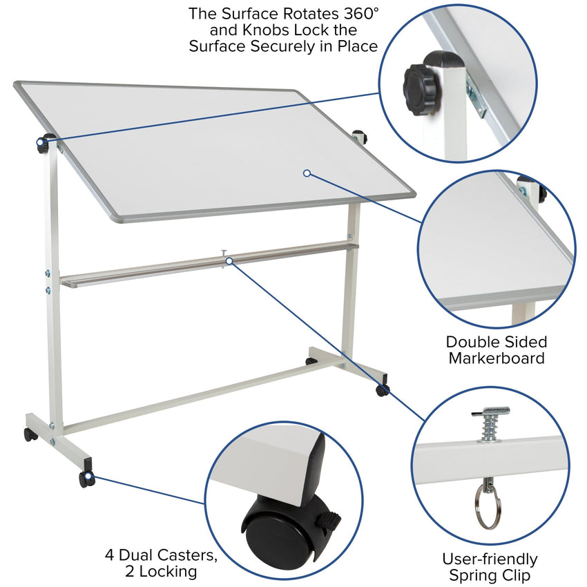 HERCULES Series 64.25"W x 64.75"H Double-Sided Mobile White Board with Pen Tray - SchoolOutlet