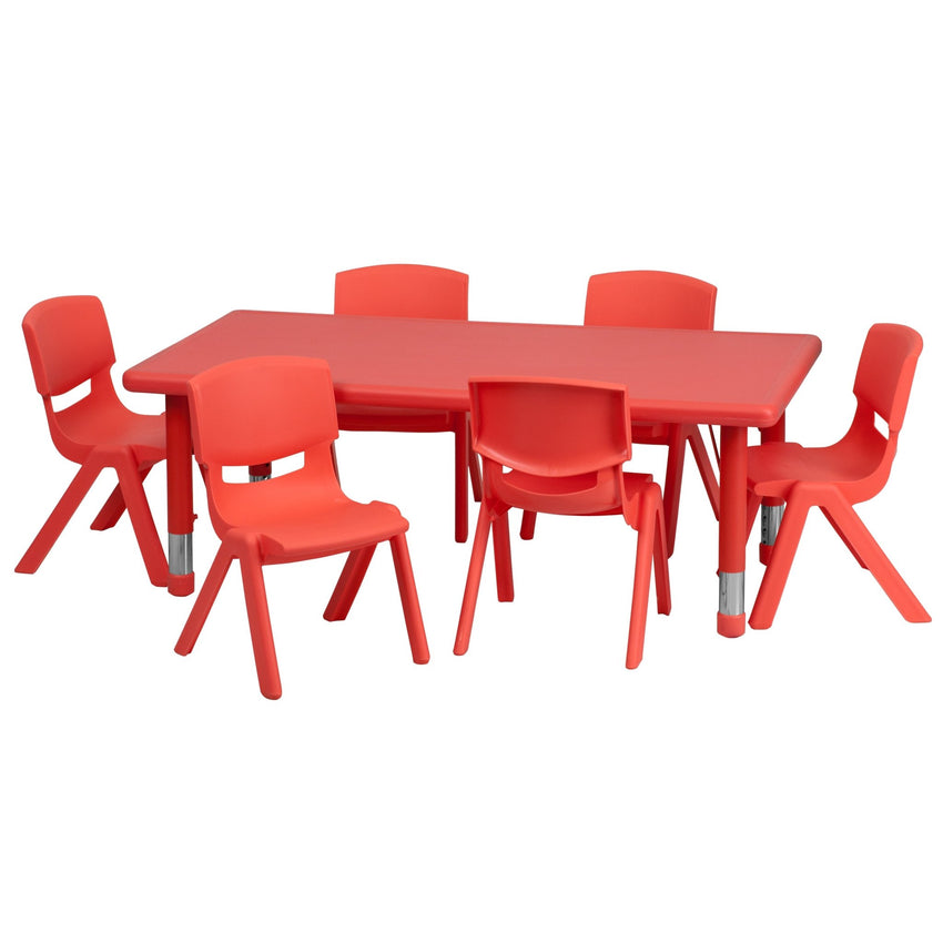 Emmy 24''W x 48''L Rectangular Plastic Height Adjustable Activity Table Set with 6 Chairs - SchoolOutlet