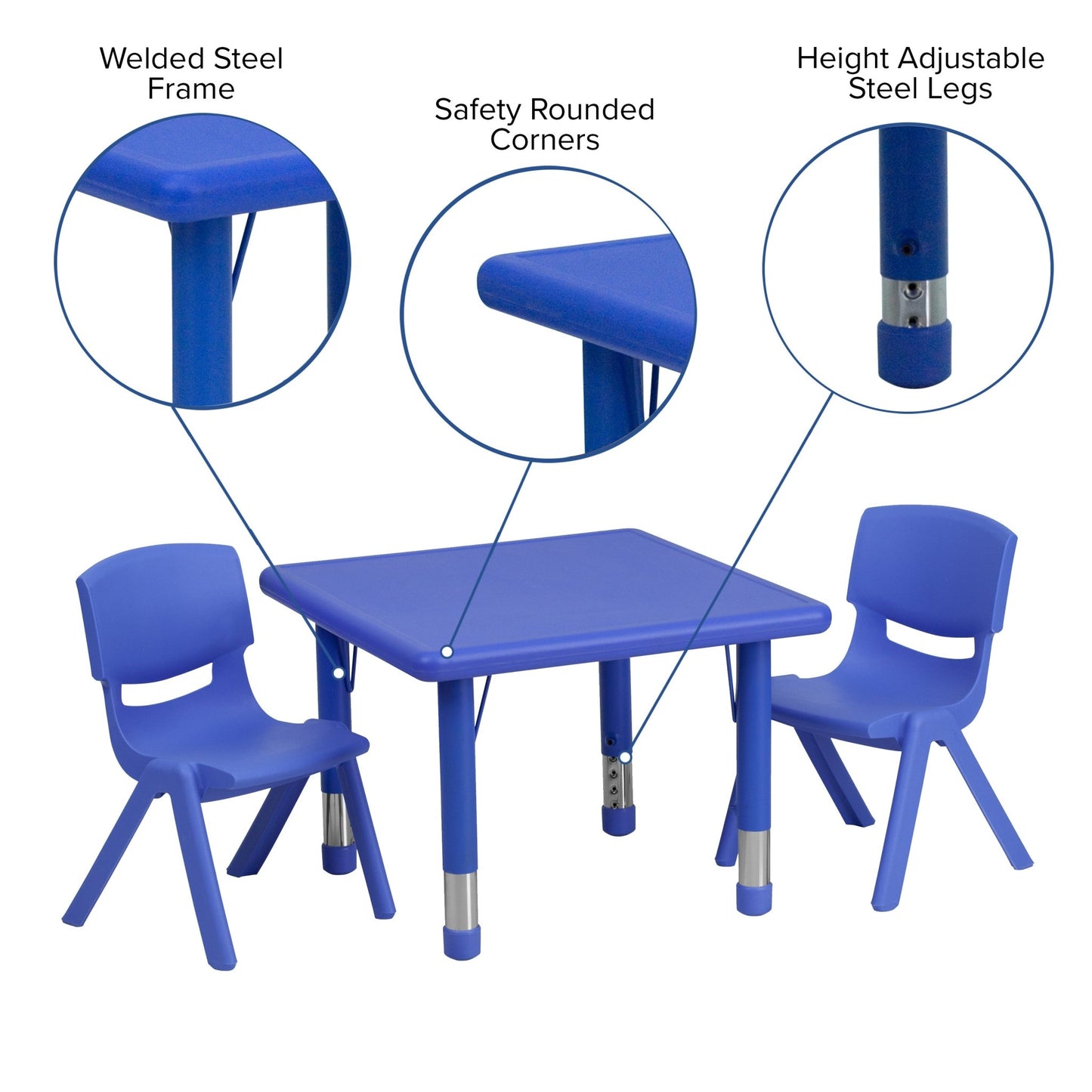 Emmy 24'' Square Plastic Height Adjustable Activity Table Set with 2 Chairs - SchoolOutlet