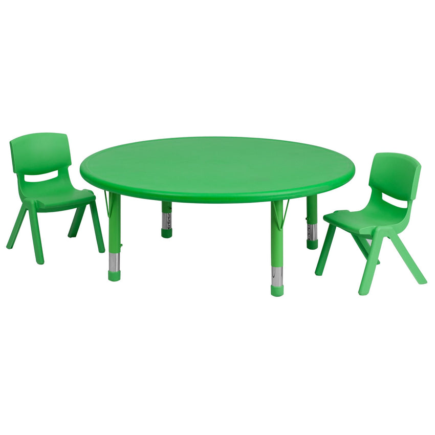 Emmy 45'' Round Plastic Height Adjustable Activity Table Set with 2 Chairs - SchoolOutlet