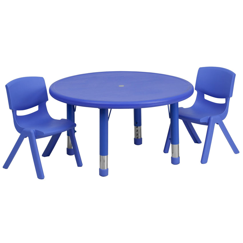 Emmy 33'' Round Plastic Height Adjustable Activity Table Set with 2 Chairs - SchoolOutlet