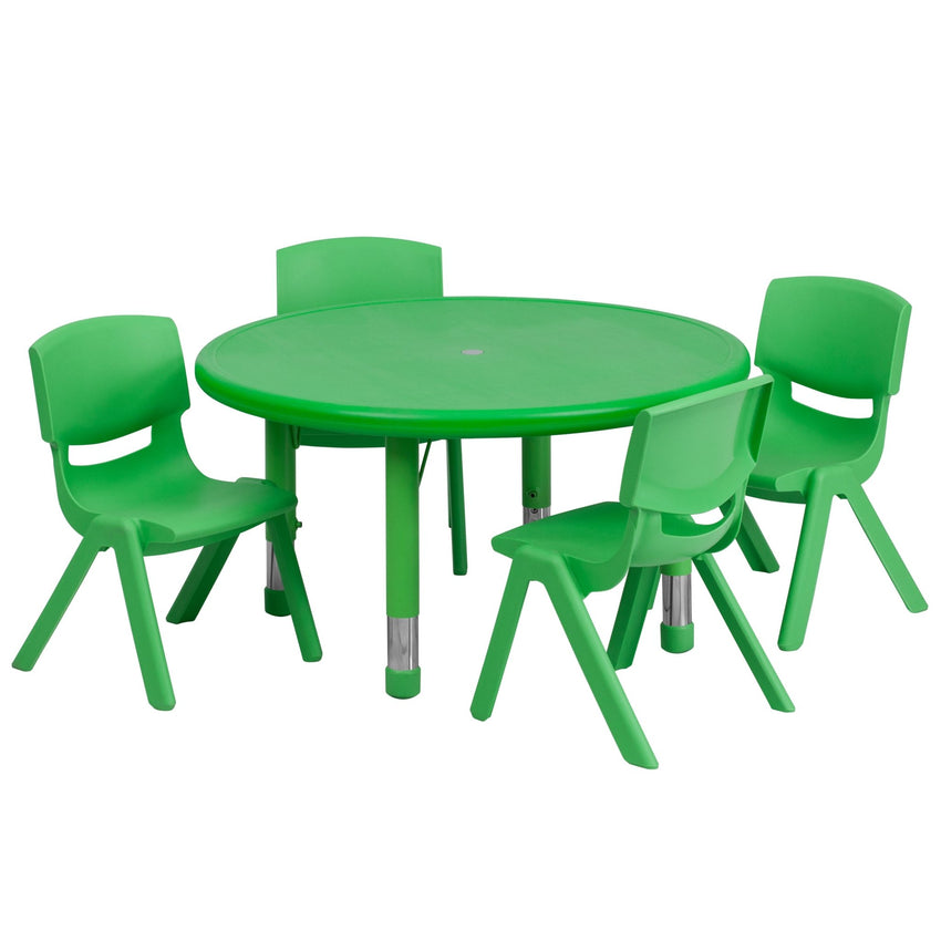 Emmy 33'' Round Plastic Height Adjustable Activity Table Set with 4 Chairs - SchoolOutlet