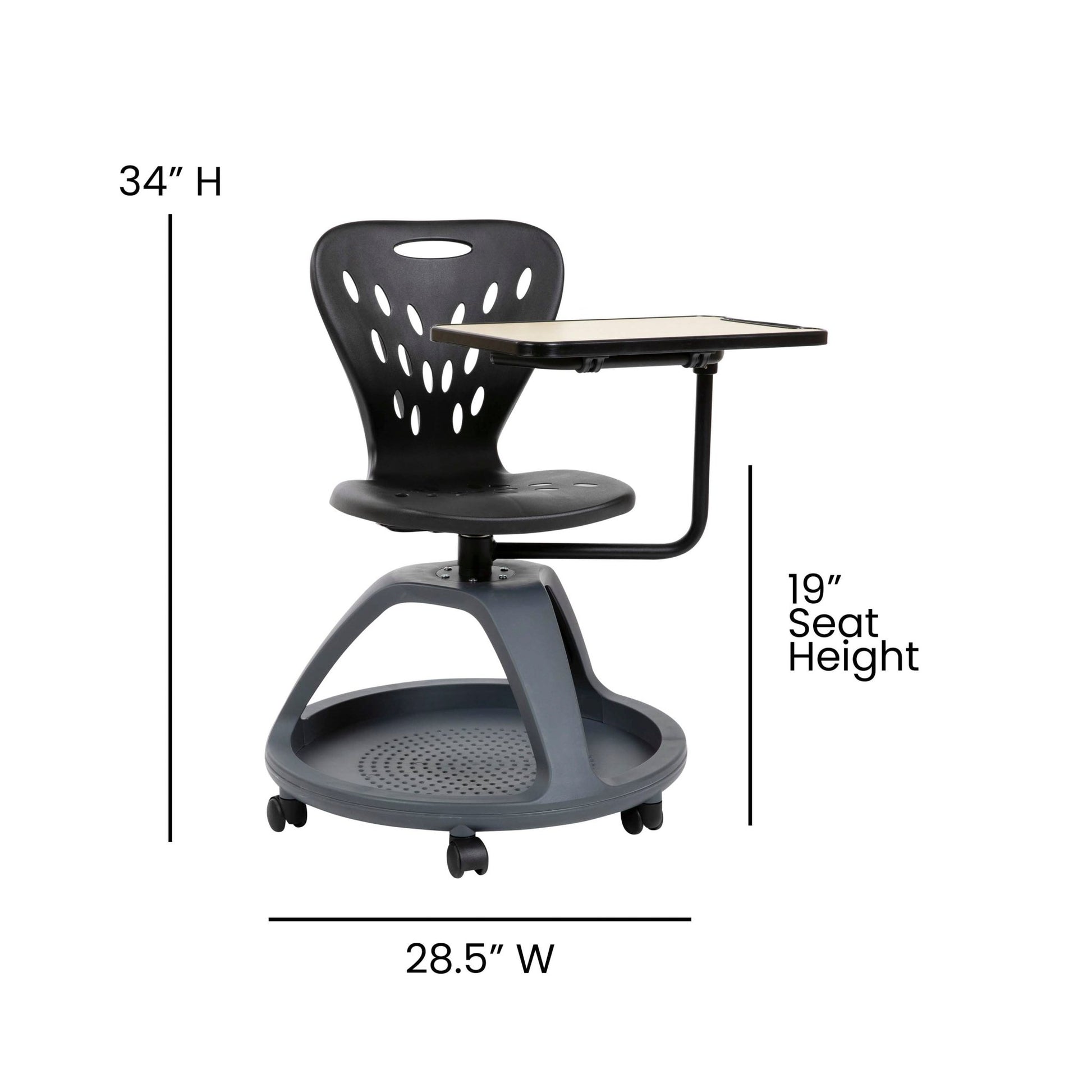 Laikyn Black Mobile Desk Chair with 360 Degree Tablet Rotation and Under Seat Storage Cubby - SchoolOutlet