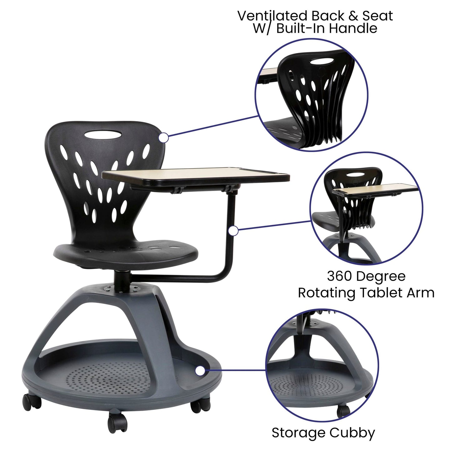 Laikyn Black Mobile Desk Chair with 360 Degree Tablet Rotation and Under Seat Storage Cubby - SchoolOutlet
