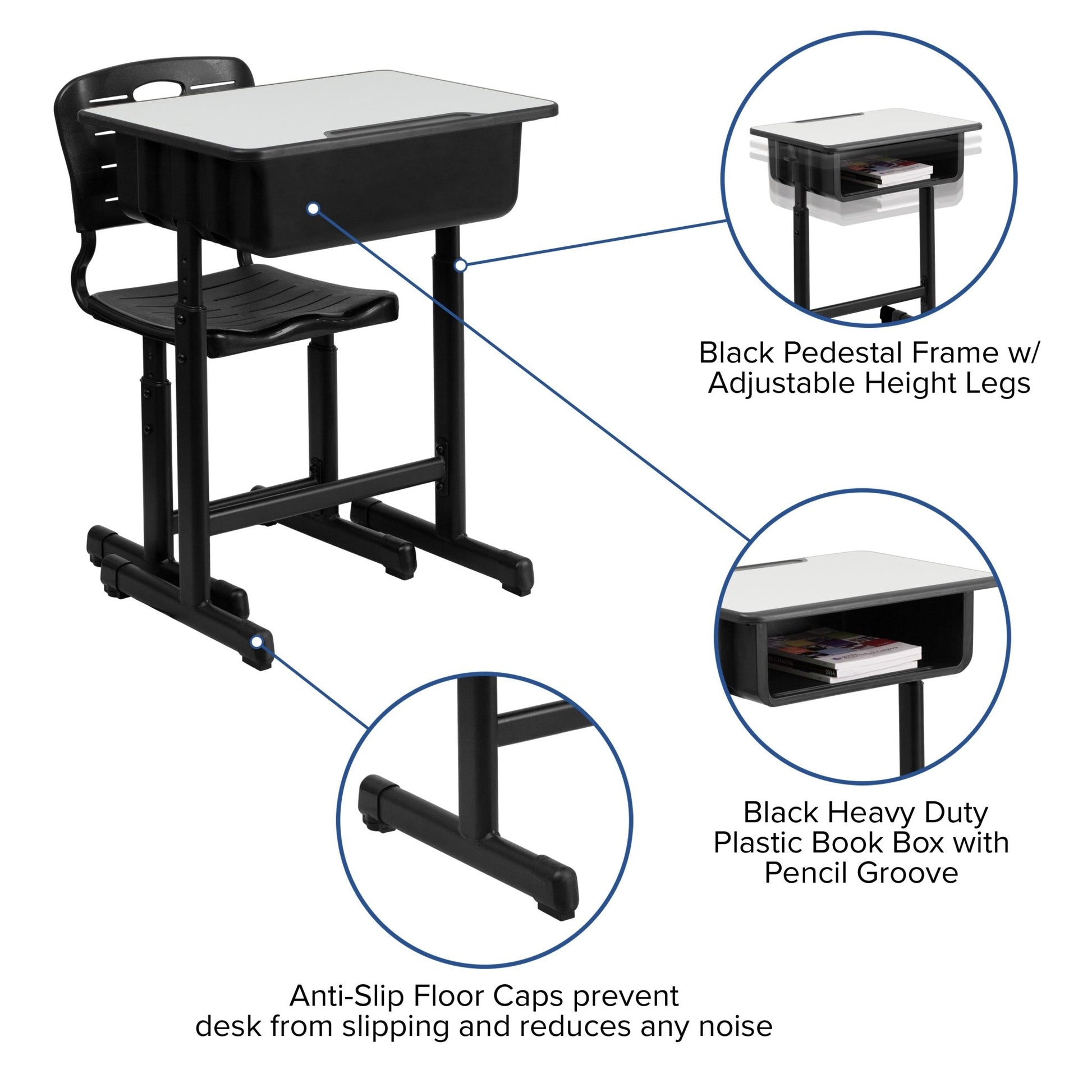 Nila Adjustable Height Student Desk and Chair with Black Pedestal Frame - SchoolOutlet