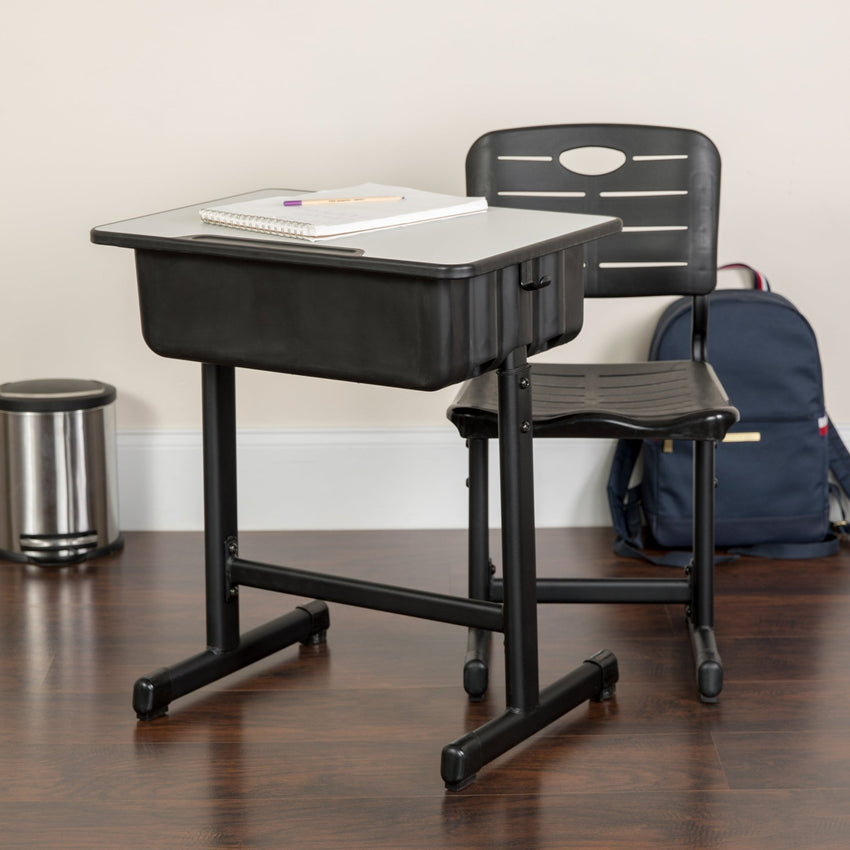 Nila Adjustable Height Student Desk and Chair with Black Pedestal Frame - SchoolOutlet