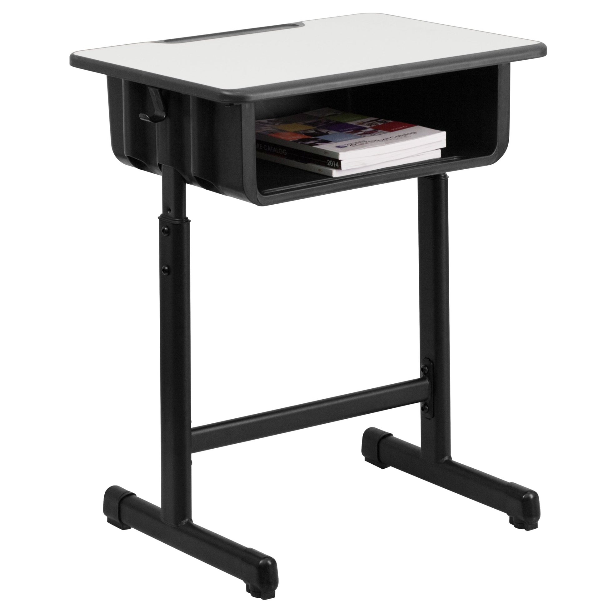 Billie Student Desk with Grey Top and Adjustable Height Black Pedestal Frame - SchoolOutlet