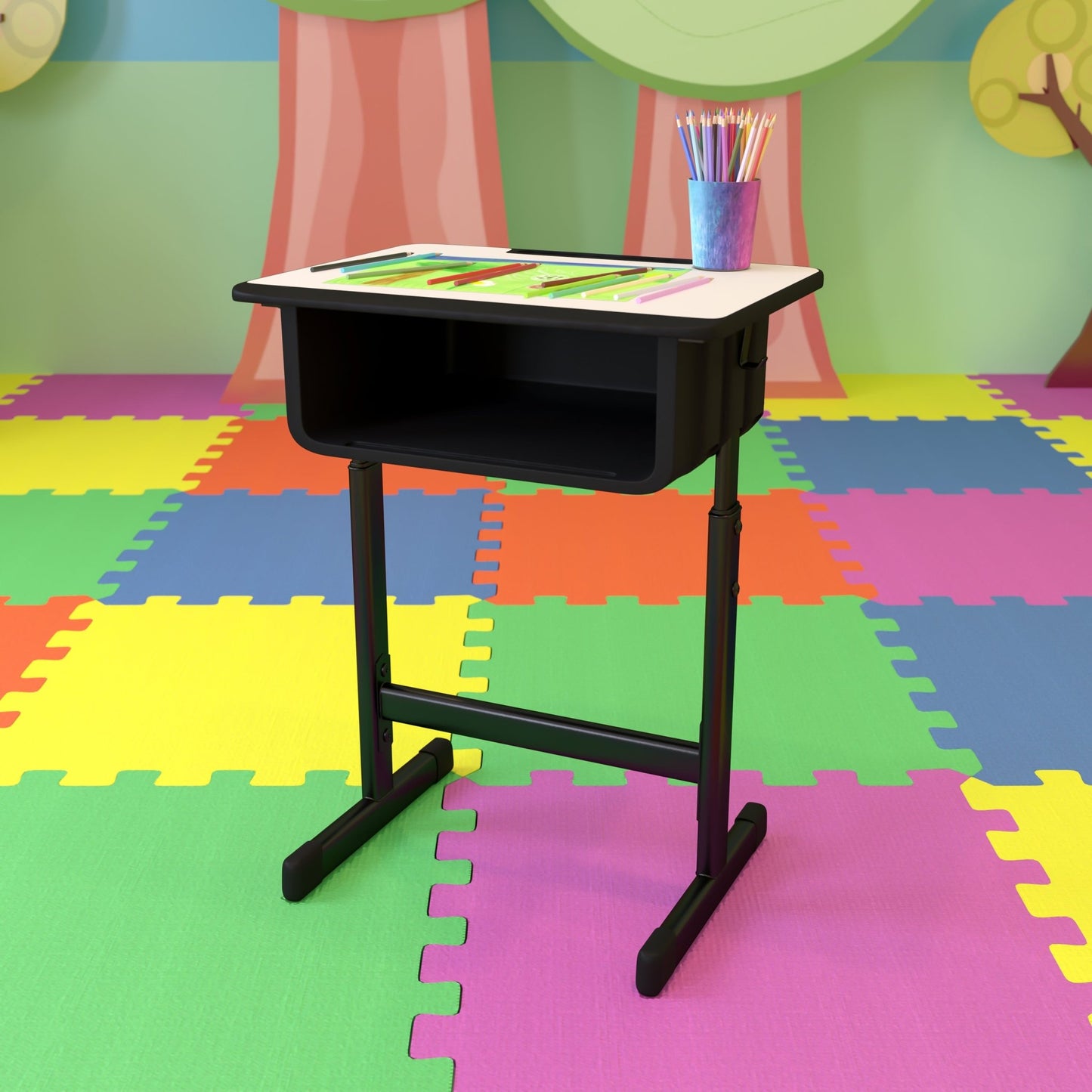 Billie Student Desk with Grey Top and Adjustable Height Black Pedestal Frame - SchoolOutlet