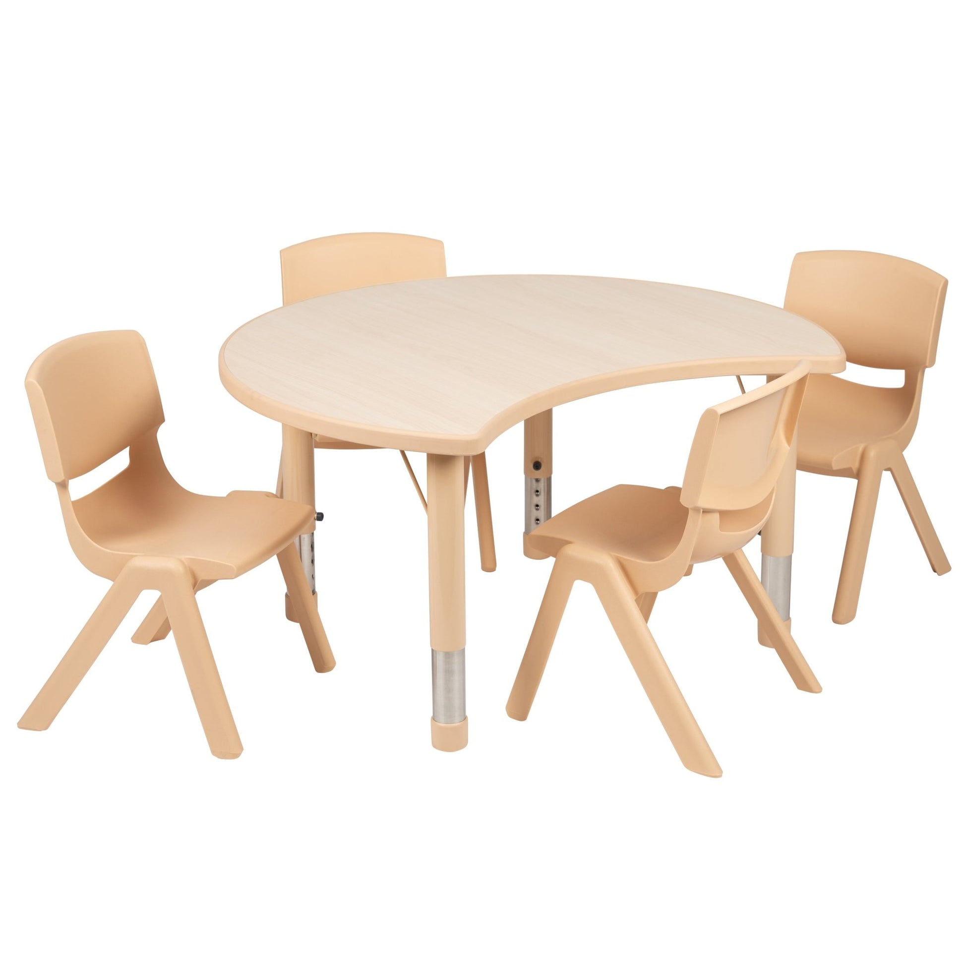 Emmy 25.125"W x 35.5"L Crescent Natural Plastic Height Adjustable Activity Table Set with 4 Chairs - SchoolOutlet