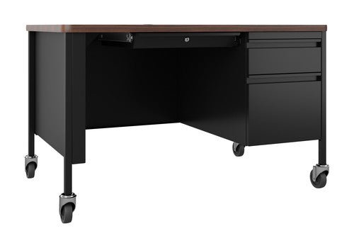 Hirsh 30"D x 48"W Mobile Right Hand Single Pedestal Desk with Rounded Corner T-Mold Top for Schools - SchoolOutlet
