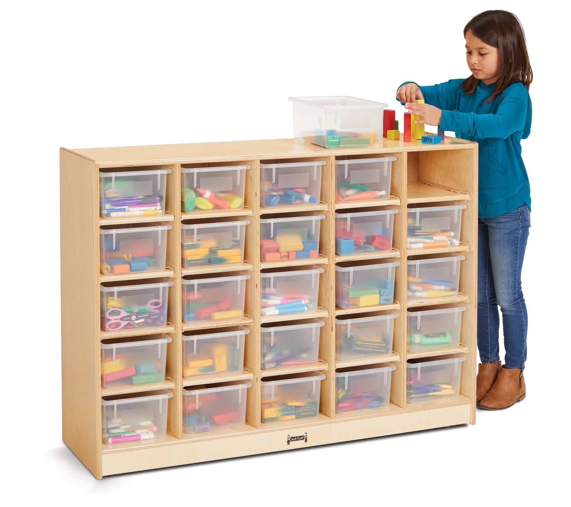 Jonti-Craft Baltic Birch 25-Cubby Mobile Storage Unit with Clear Trays (Jonti-Craft JON-04260JC) - SchoolOutlet