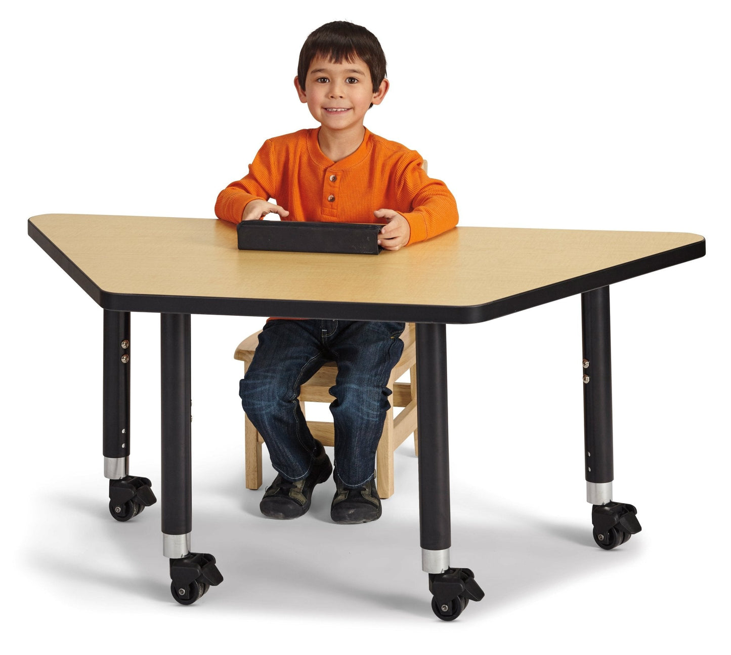 Jonti-Craft Trapezoid Rainbow Accents Activity Table with Heavy Duty Laminate Top (24" x 48") Mobile Height Adjustable Legs (20"- 31") - SchoolOutlet
