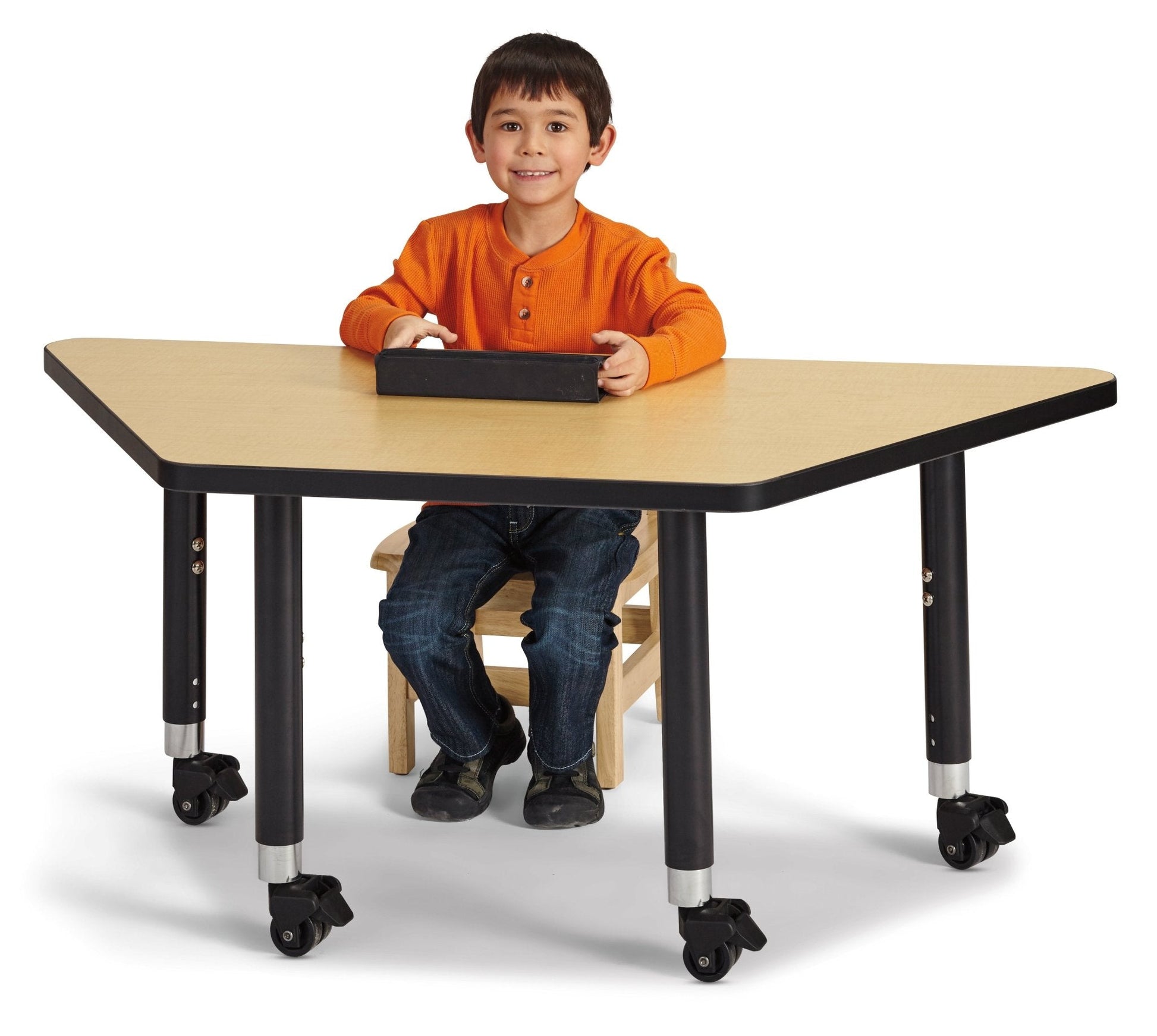 Jonti-Craft Trapezoid Rainbow Accents Activity Table with Heavy Duty Laminate Top (24" x 48") Mobile Height Adjustable Legs (20"- 31") - SchoolOutlet