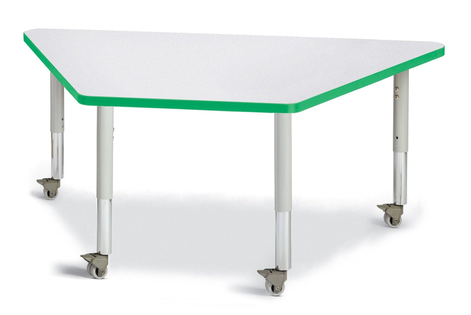 Jonti-Craft Trapezoid Rainbow Accents Activity Table with Heavy Duty Laminate Top (30" x 60") Mobile Height Adjustable Legs (20"- 31") - SchoolOutlet