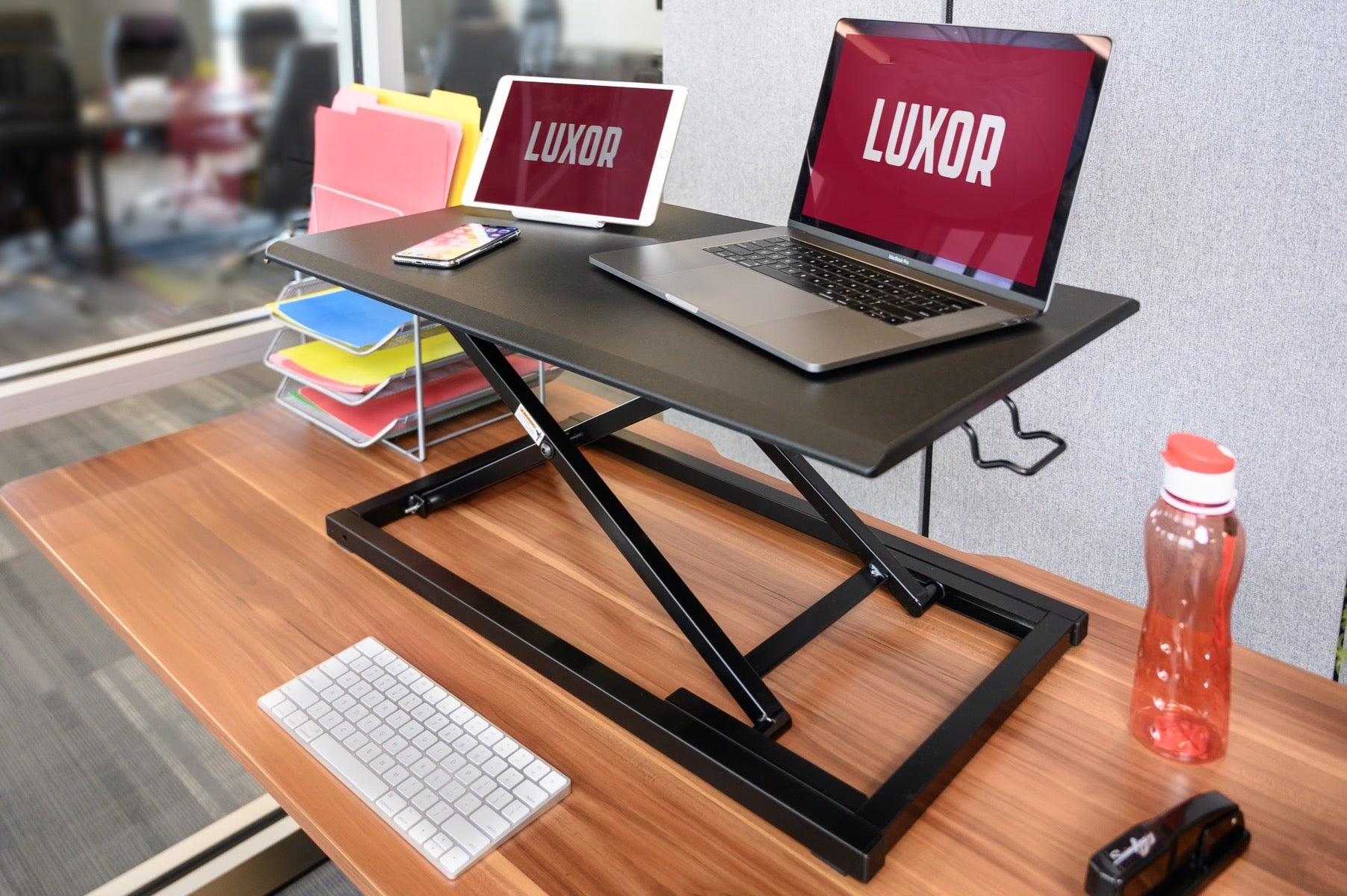 Luxor CVTR32-BK Pneumatic Standing Desk Converter - Black (LUX-CVTR32-BK) - SchoolOutlet