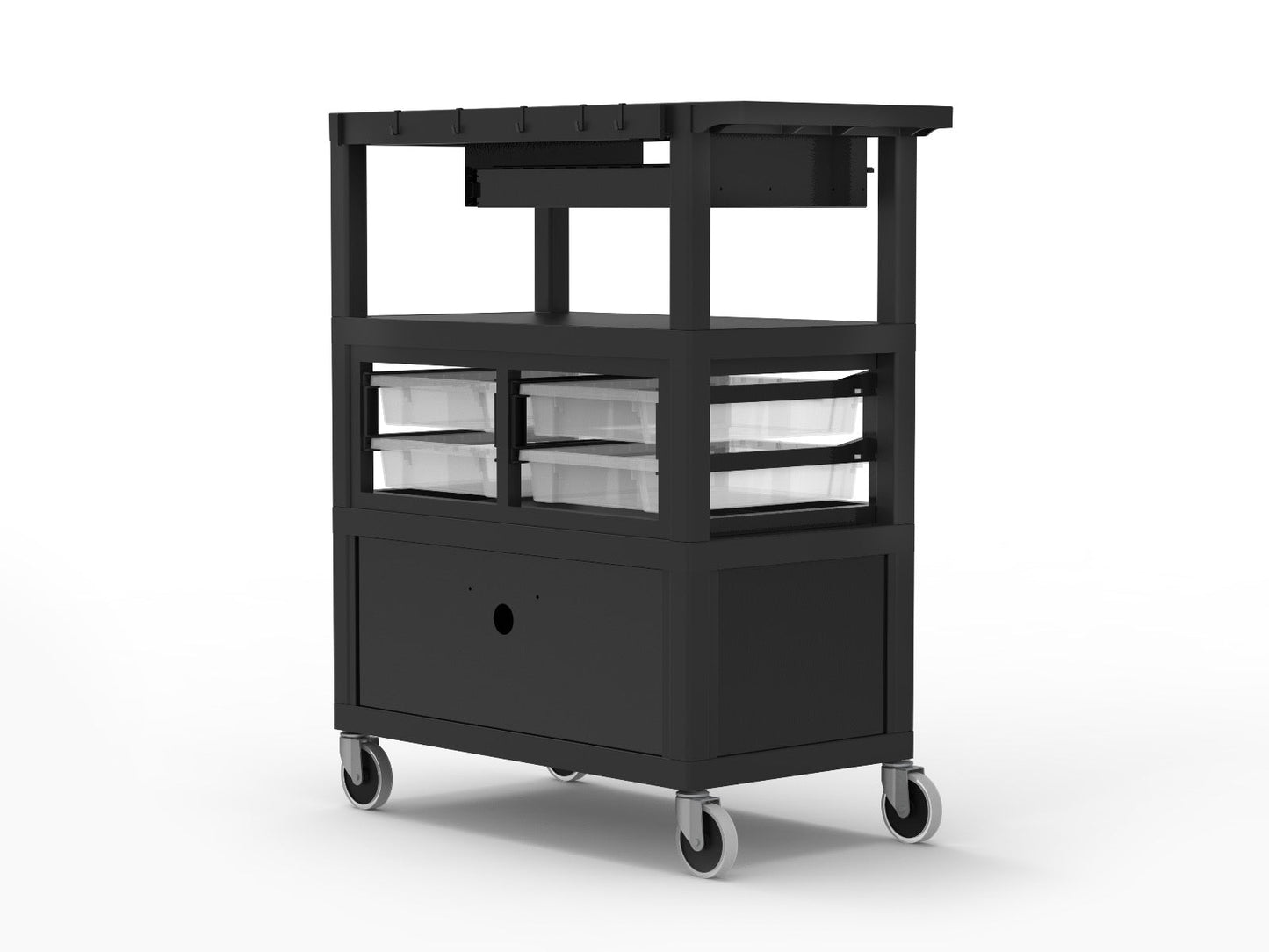 Luxor Deluxe Teacher Cart with Locking Cabinet Storage - Bins Keyboard, Tray Pocket, Chart Hooks and Cup Holder 32" x 18" (Luxor LUX-ECMBSKBC-B) - SchoolOutlet