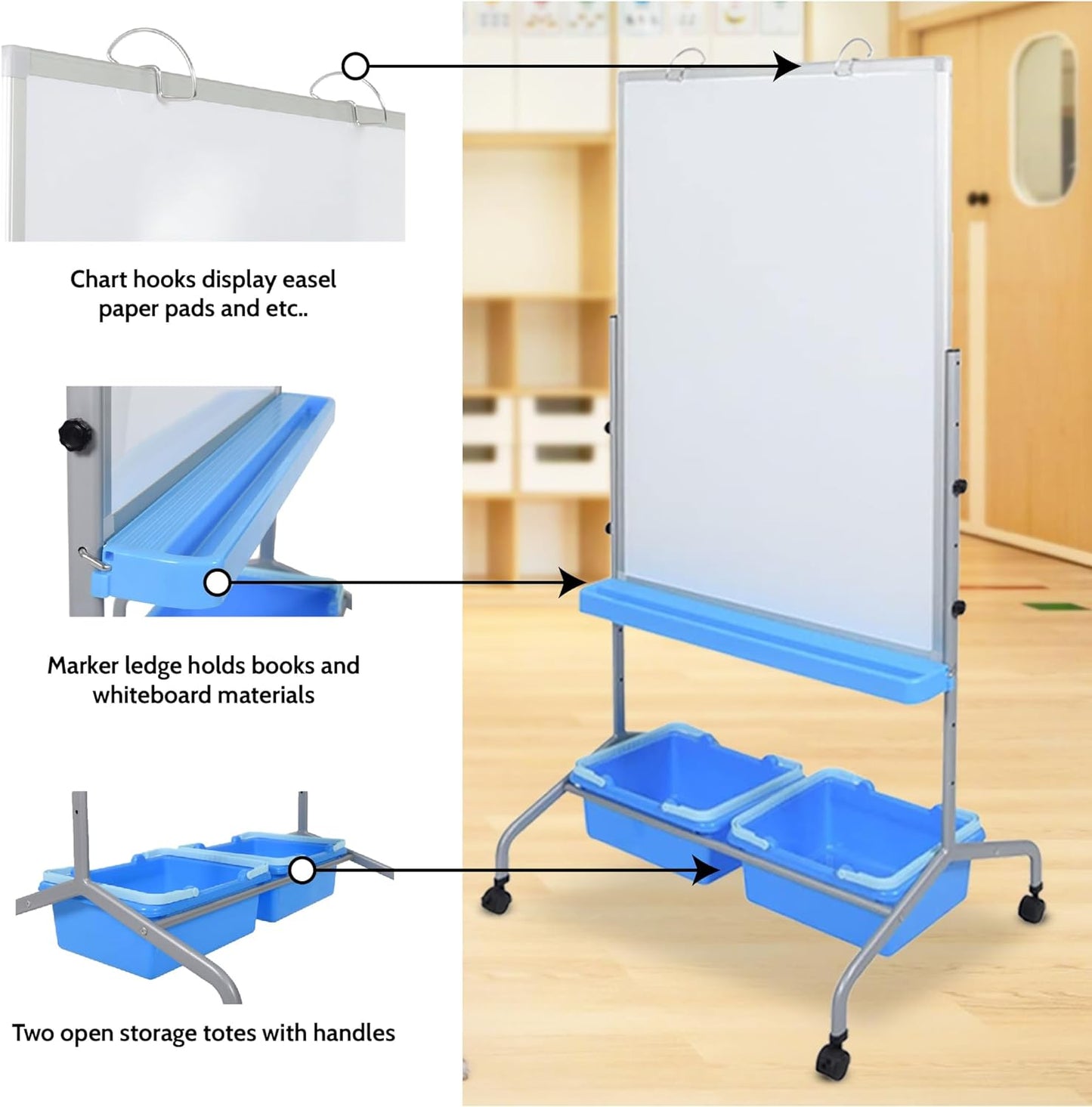 Luxor L330 Classroom Chart Stand with Blue Storage Bins - SchoolOutlet