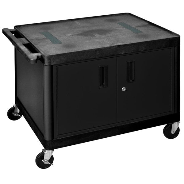 Luxor LE27C-B Black 2 Shelf A/V Cart with Electrical Assembly and Locking Cabinet - 24" W x 32" D x 27" H - SchoolOutlet