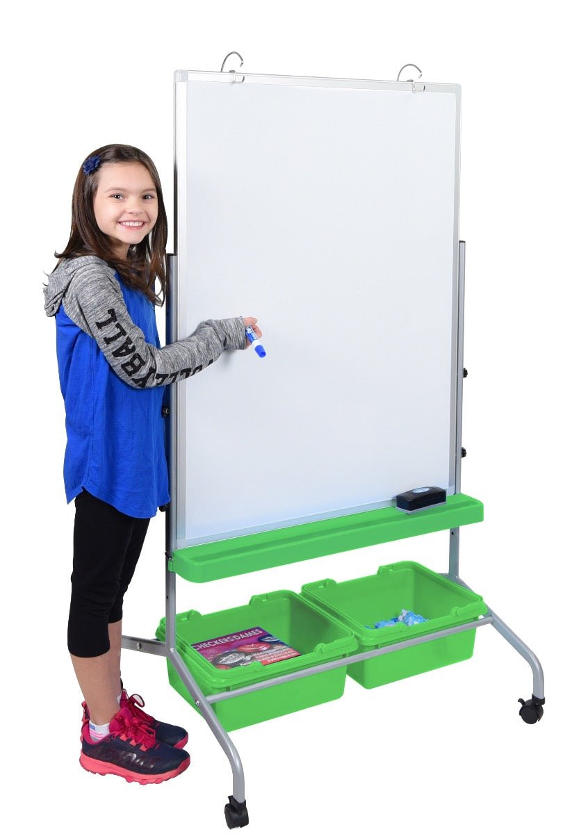 Mobile Whiteboard - Double-sided Magnetic Dry Erase School Markerboard with Storage Bins for Classrooms- Luxor MB3040WBIN - SchoolOutlet