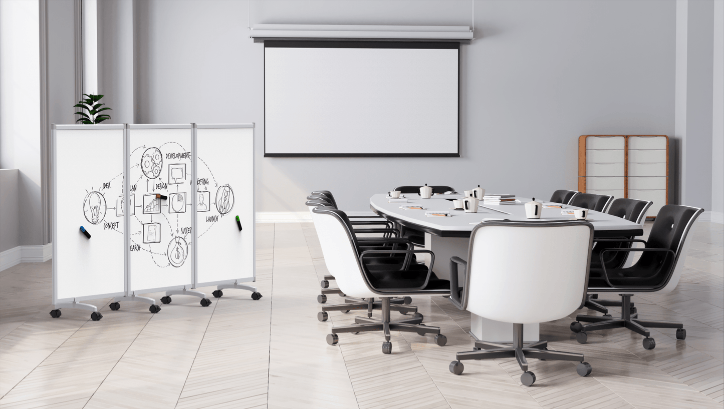 91"W x 52"H Mobile Whiteboard - 3-Panel Folding Room Divider Magnetic dry erase markerboard - Luxor MB9152WW - SchoolOutlet