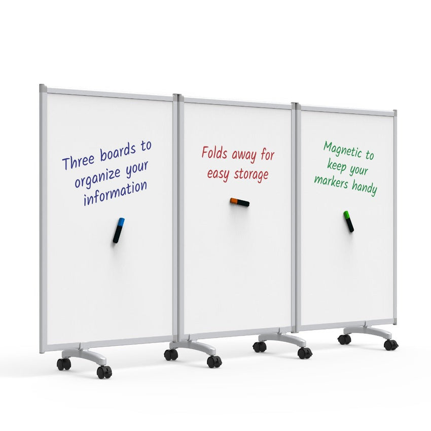 91"W x 52"H Mobile Whiteboard - 3-Panel Folding Room Divider Magnetic dry erase markerboard - Luxor MB9152WW - SchoolOutlet