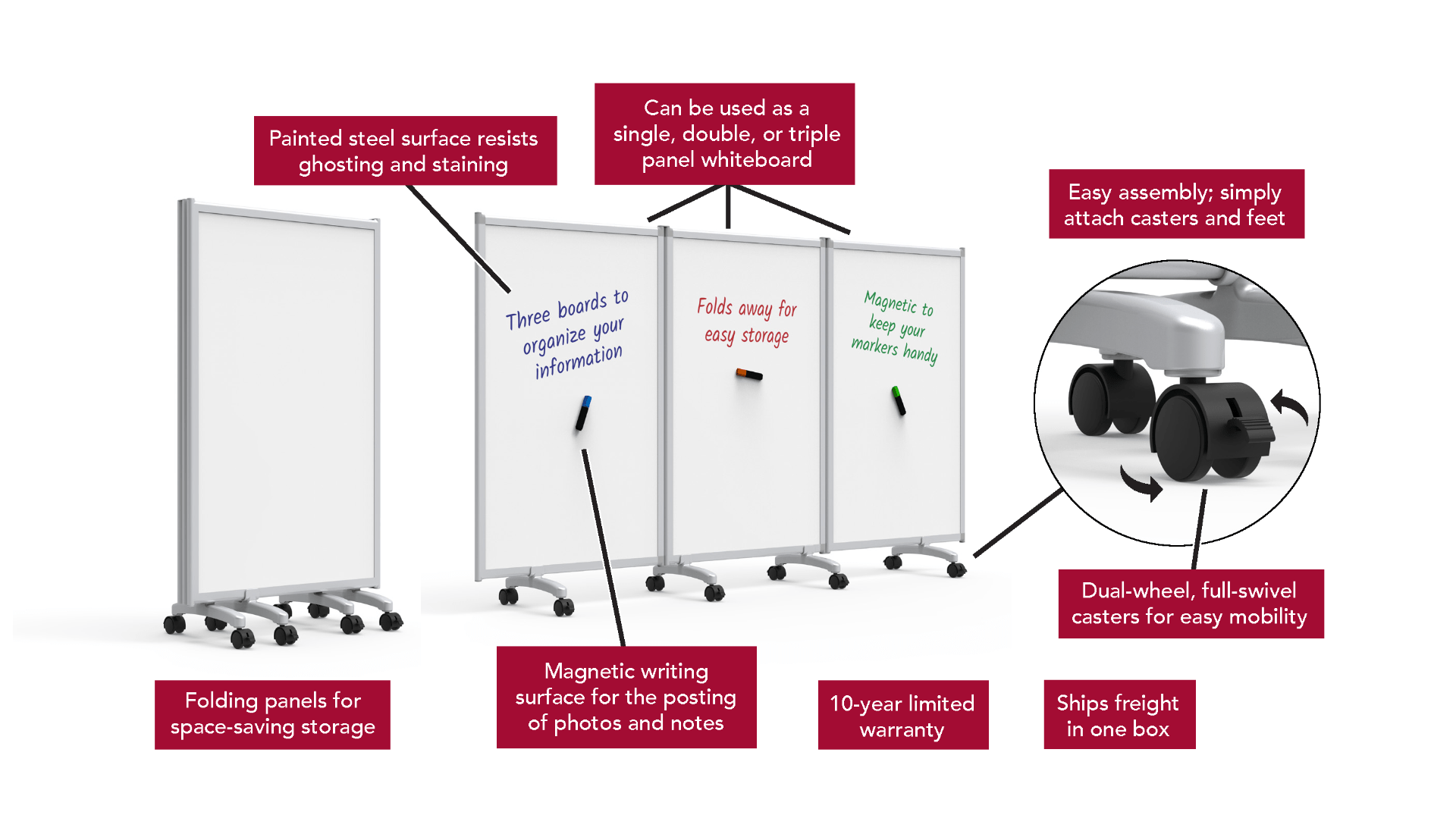 91"W x 52"H Mobile Whiteboard - 3-Panel Folding Room Divider Magnetic dry erase markerboard - Luxor MB9152WW - SchoolOutlet