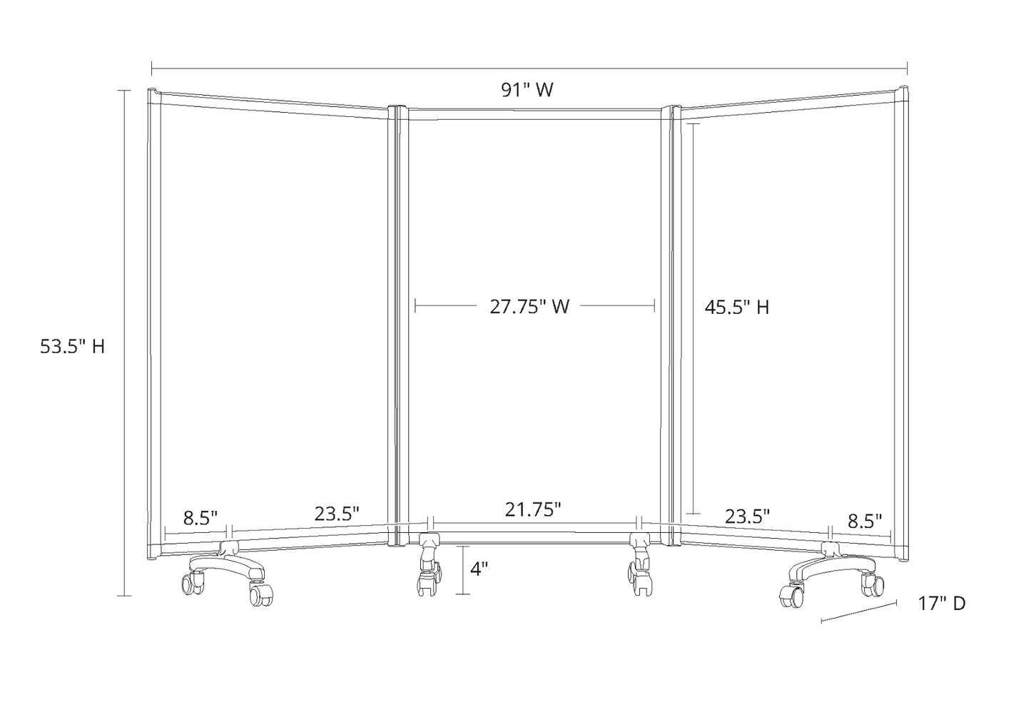 91"W x 52"H Mobile Whiteboard - 3-Panel Folding Room Divider Magnetic dry erase markerboard - Luxor MB9152WW - SchoolOutlet