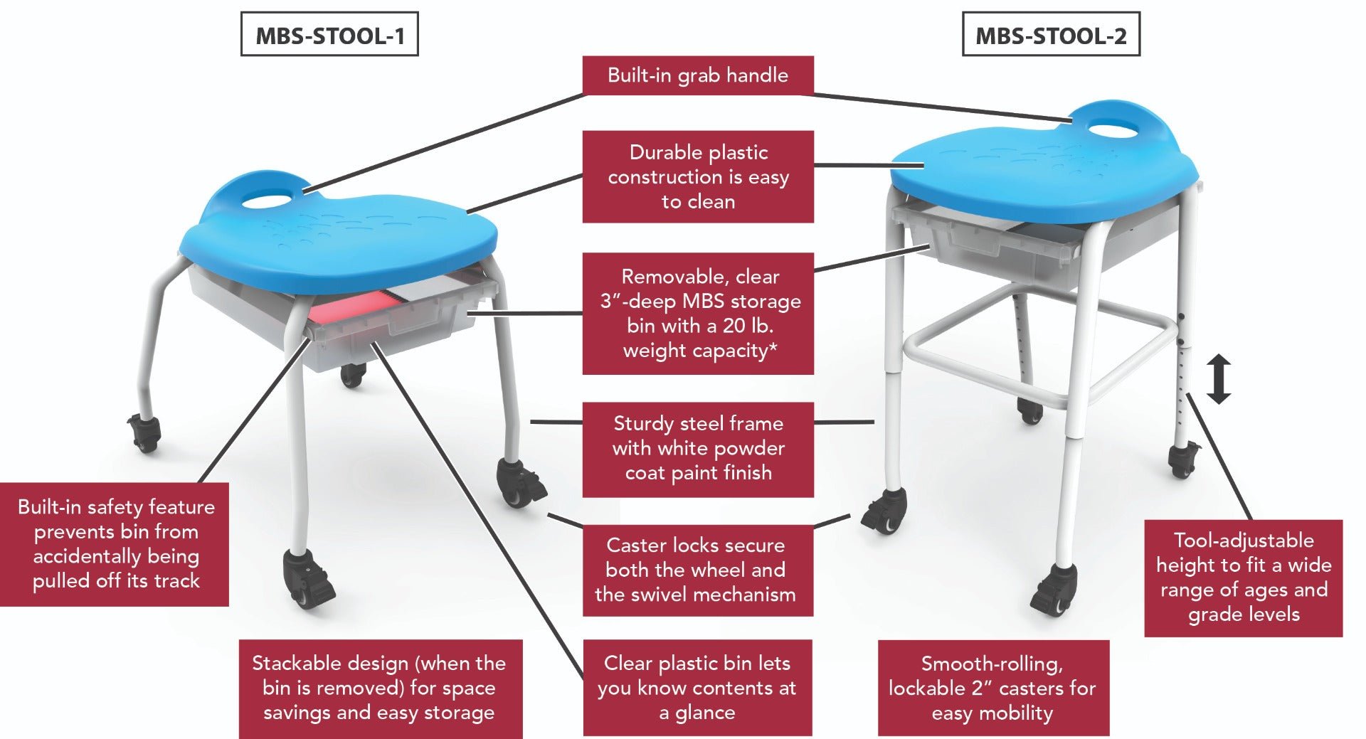 Luxor MBS-STOOL-2 - Adjustable-Height Stackable Classroom Stool with Wheels and Storage (LUX-MBS-STOOL-2) - SchoolOutlet
