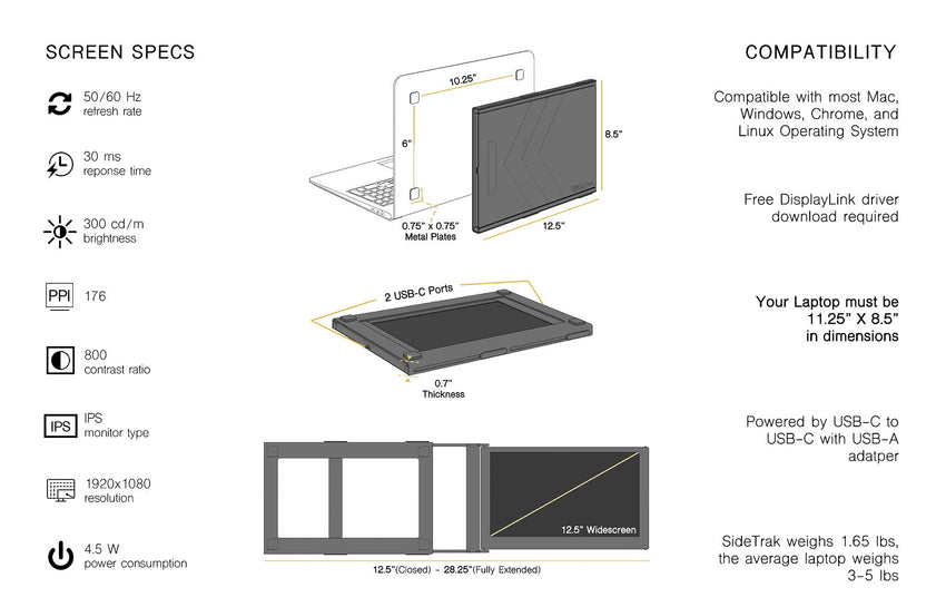 Luxor ST12BL SideTrak Slide HD 12.5" Attachable Portable Monitor (Luxor LUX-ST12BL) - SchoolOutlet