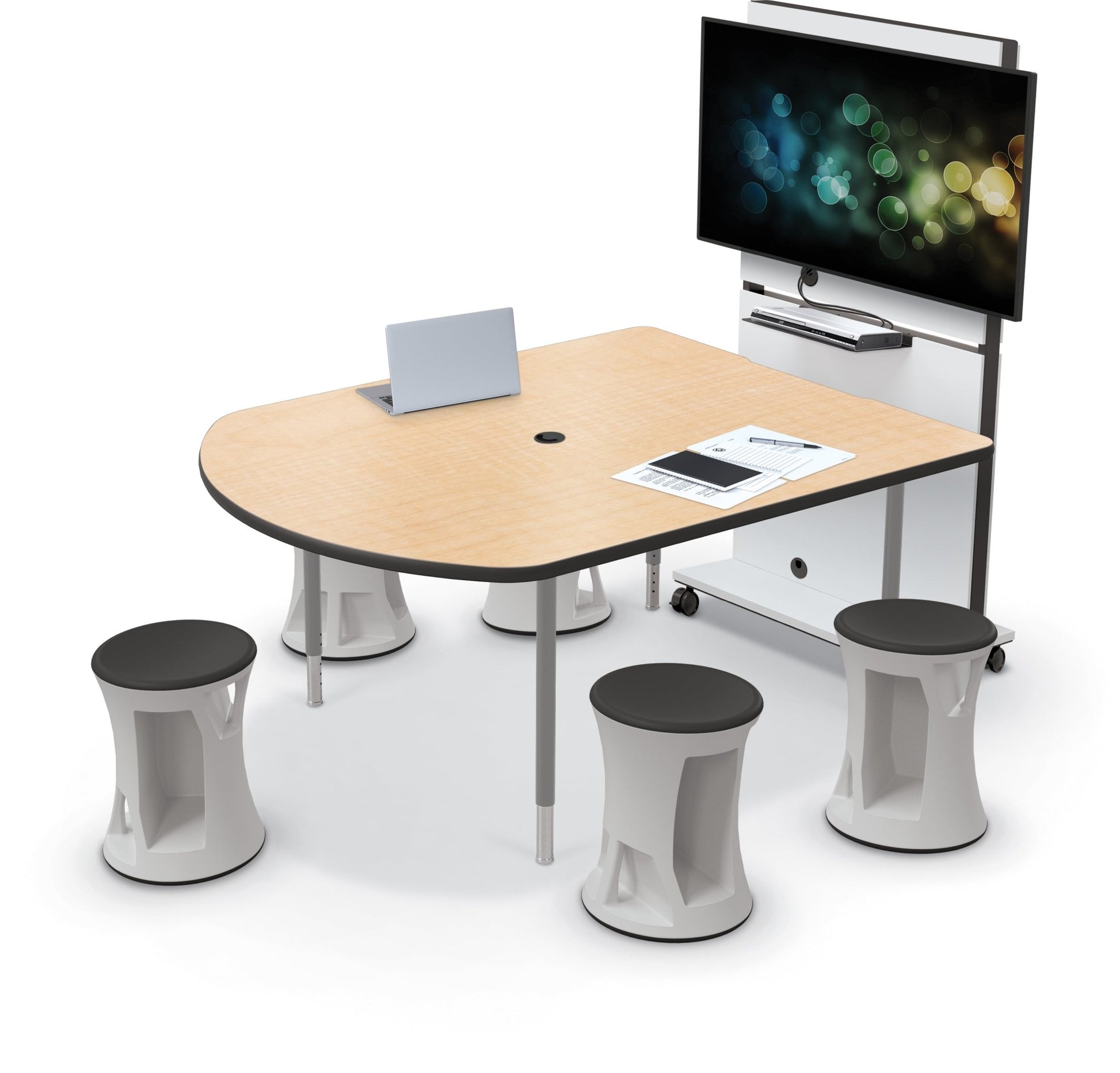 Mooreco 5' MediaSpace - D-Shape AV Table - Platinum Horseshoe Legs and Black Edgeband (Mooreco 27750) - SchoolOutlet