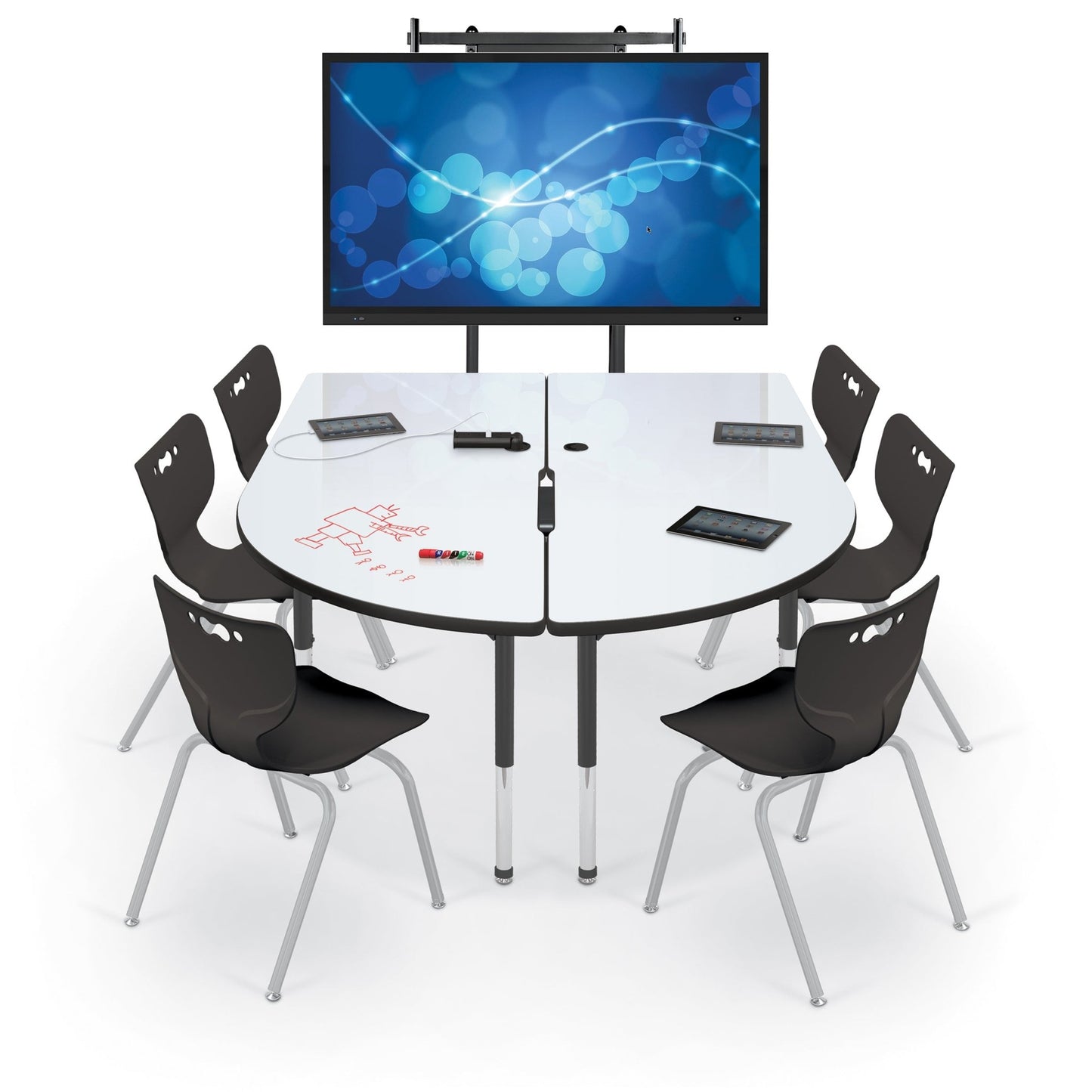 Mooreco 6' MediaSpace - Split Piece D-Shape AV Table - Black Legs and Black Edgeband (Mooreco 27755) - SchoolOutlet