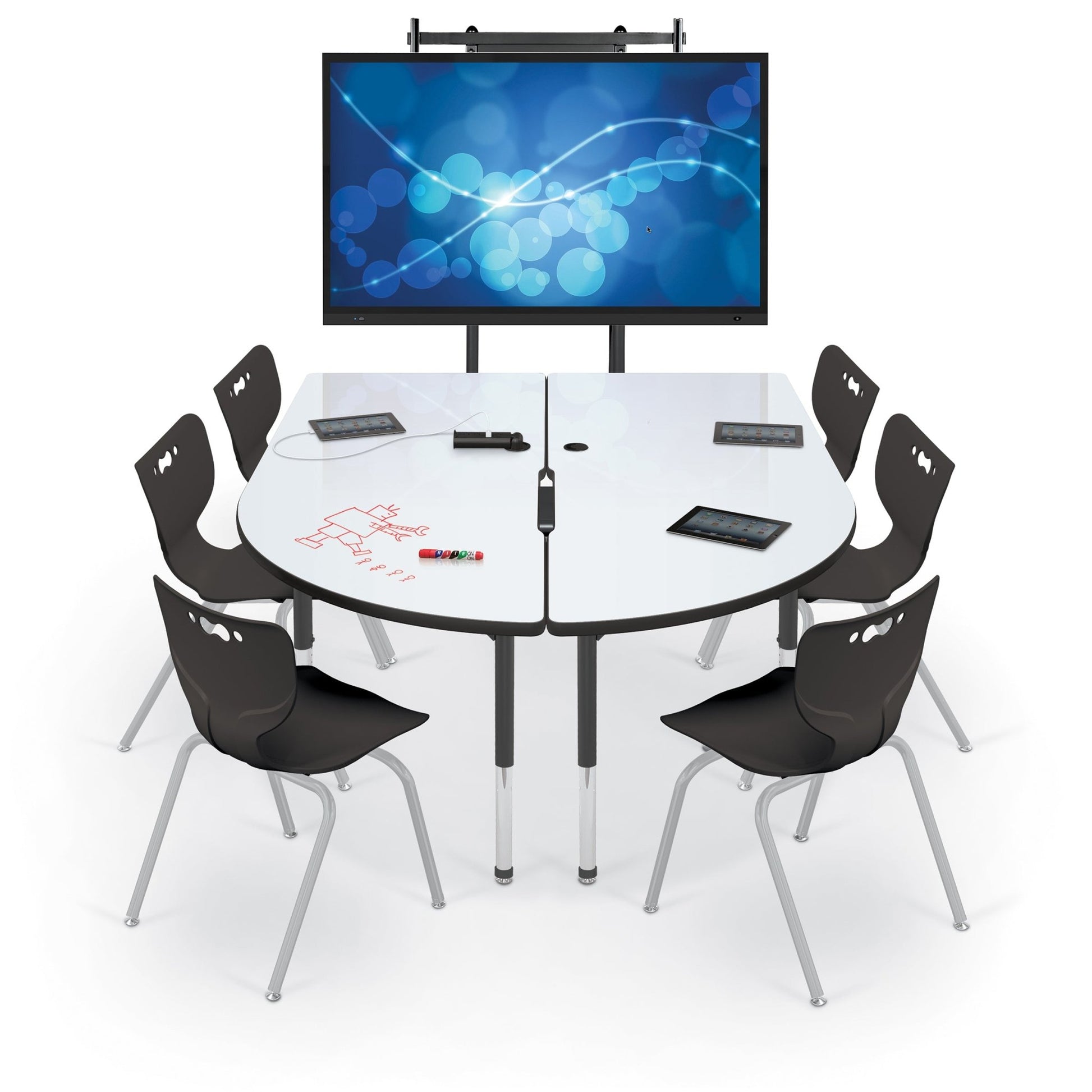 Mooreco 6' MediaSpace - Split Piece D-Shape AV Table - Black Legs and Black Edgeband (Mooreco 27755) - SchoolOutlet