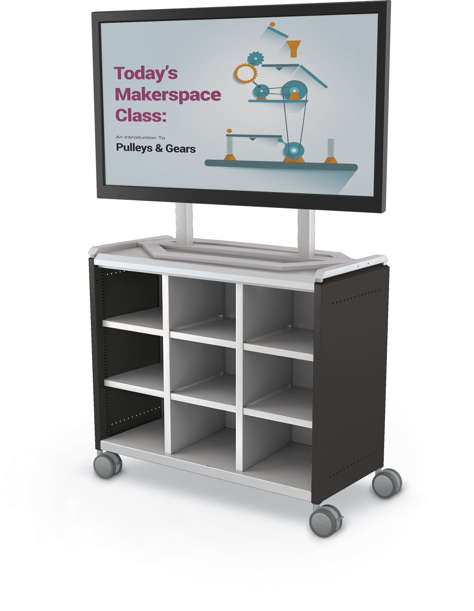 Mooreco Compass Cabinet Maxi H2 Standard Back and Side Panels, No Doors with Cubbies, Casters and TV Mount (MOR-B3A1X1E1A0) - SchoolOutlet
