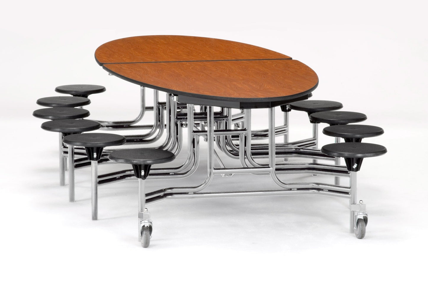 NPS 10' Elliptical Mobile Cafeteria Table - 12 Stools - MDF Core - Protect Edge - Black Powdercoated Frame - SchoolOutlet