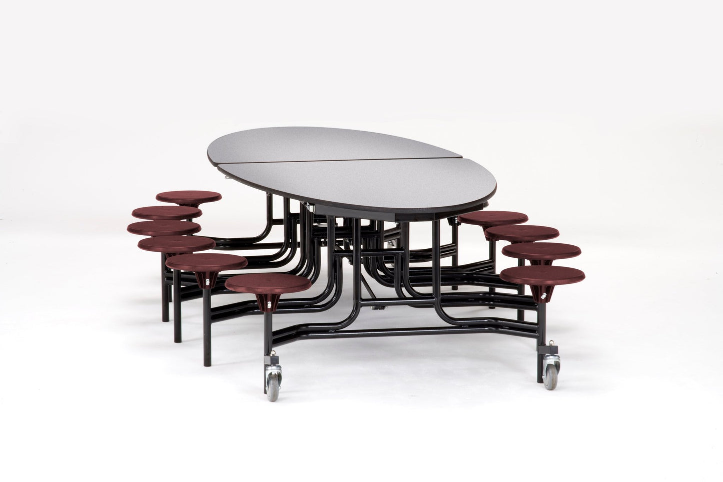 NPS 10' Elliptical Mobile Cafeteria Table - 12 Stools - MDF Core - Protect Edge - Black Powdercoated Frame - SchoolOutlet