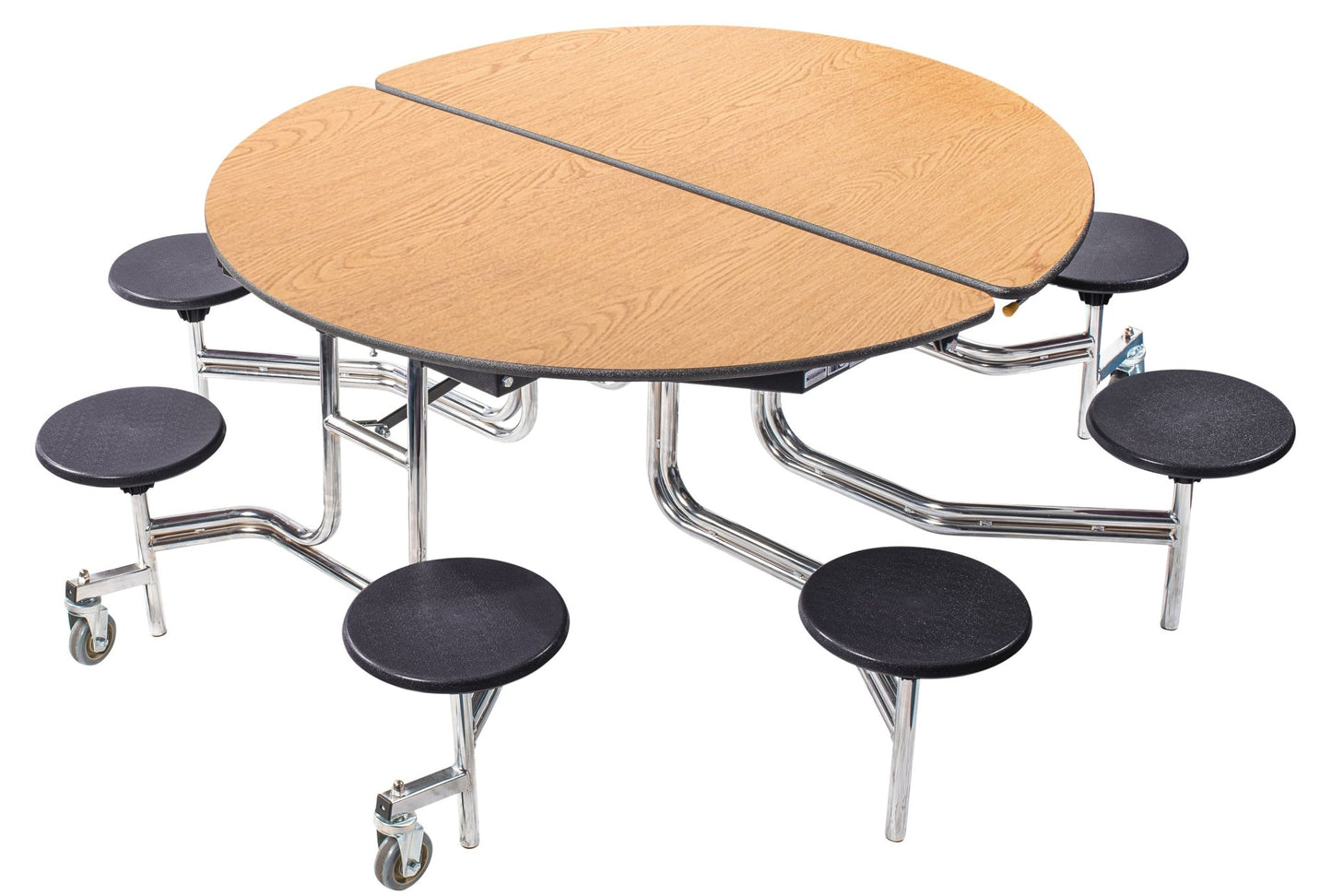 NPS 60" Round Mobile Cafeteria Table - 8 Stools - MDF Core - Protected Edge - Chrome Frame - SchoolOutlet