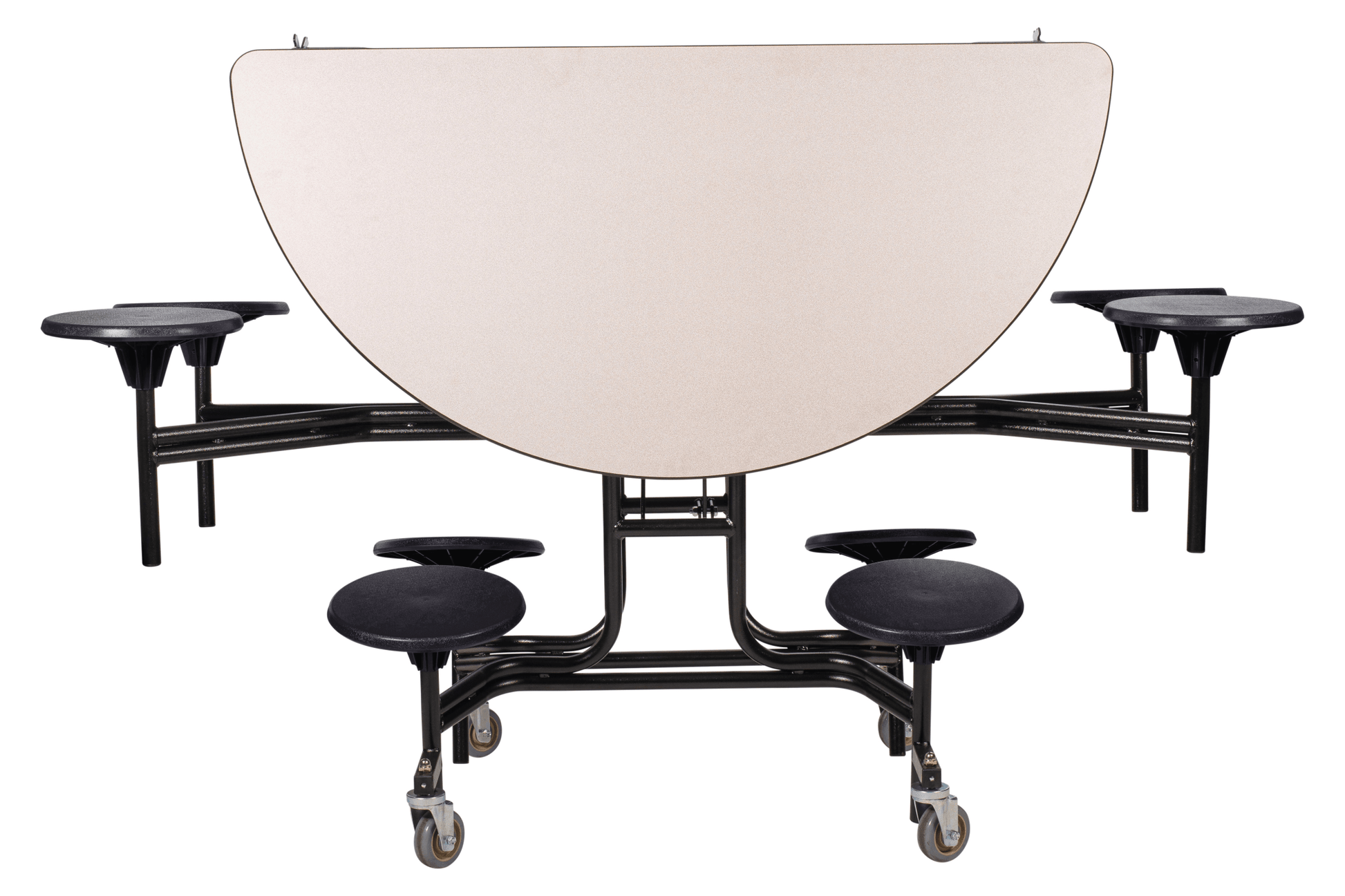 NPS 60" Round Mobile Cafeteria Table - 8 Stools - MDF Core - Protected Edge - Black Powdercoated Frame - SchoolOutlet