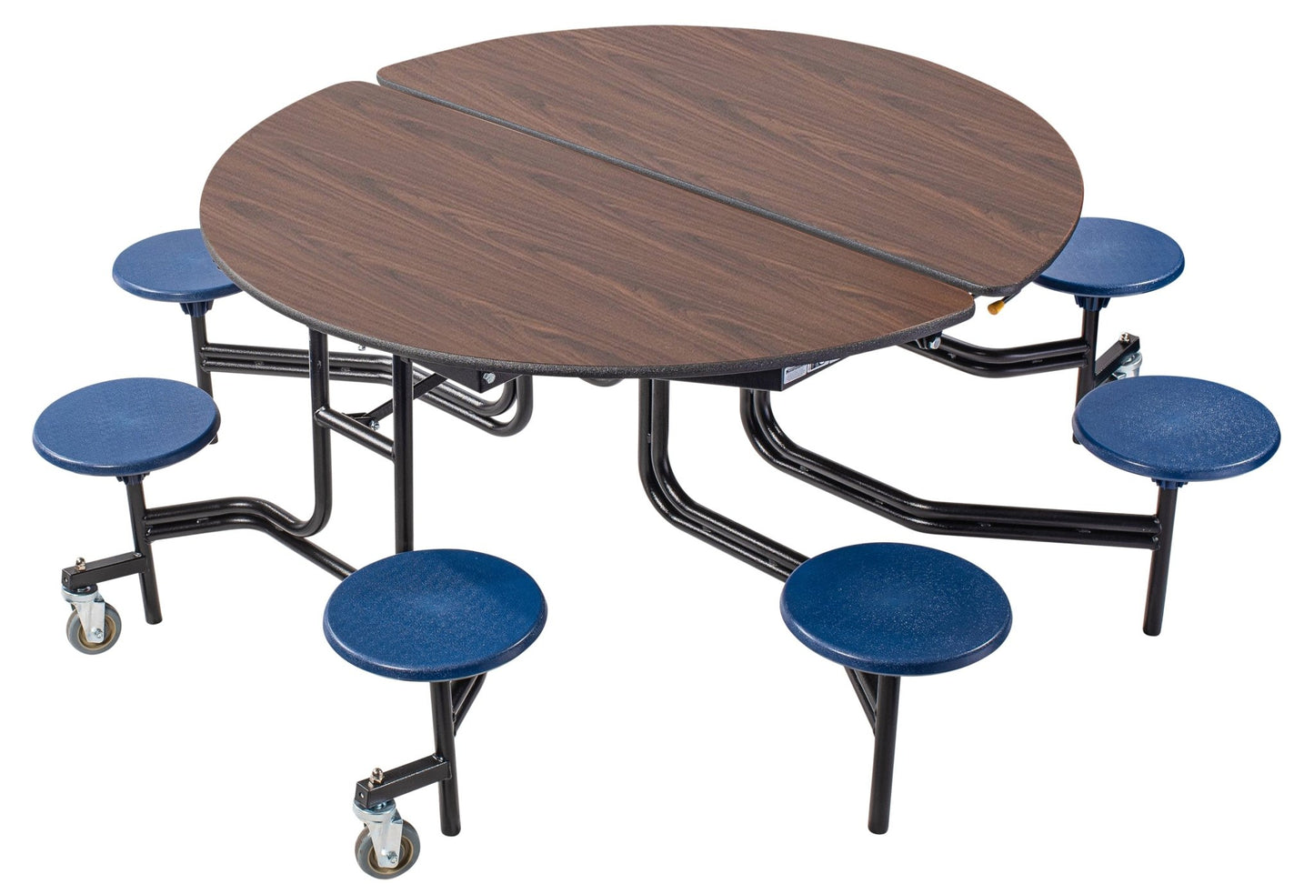 NPS 60" Round Mobile Cafeteria Table - 8 Stools - MDF Core - Protected Edge - Black Powdercoated Frame - SchoolOutlet