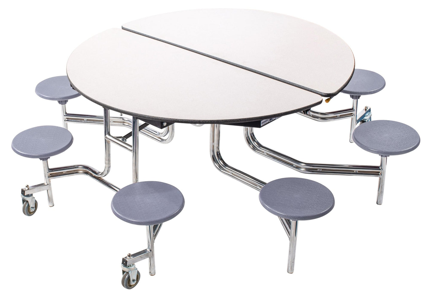 NPS 60" Round Mobile Cafeteria Table - 8 Stools - Particleboard Core - T-Molding Edge - Chrome Frame - SchoolOutlet
