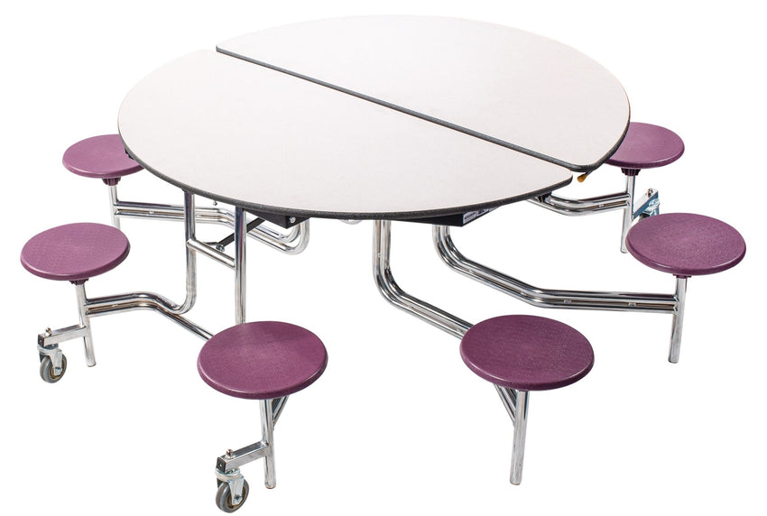 NPS 60" Round Mobile Cafeteria Table - 8 Stools - Particleboard Core - T-Molding Edge - Chrome Frame - SchoolOutlet