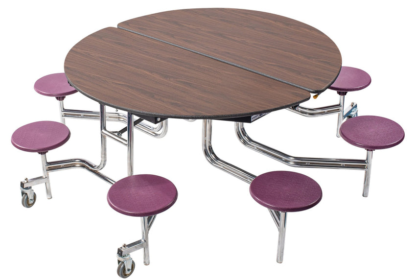 NPS 60" Round Mobile Cafeteria Table - 8 Stools - Particleboard Core - T-Molding Edge - Chrome Frame - SchoolOutlet