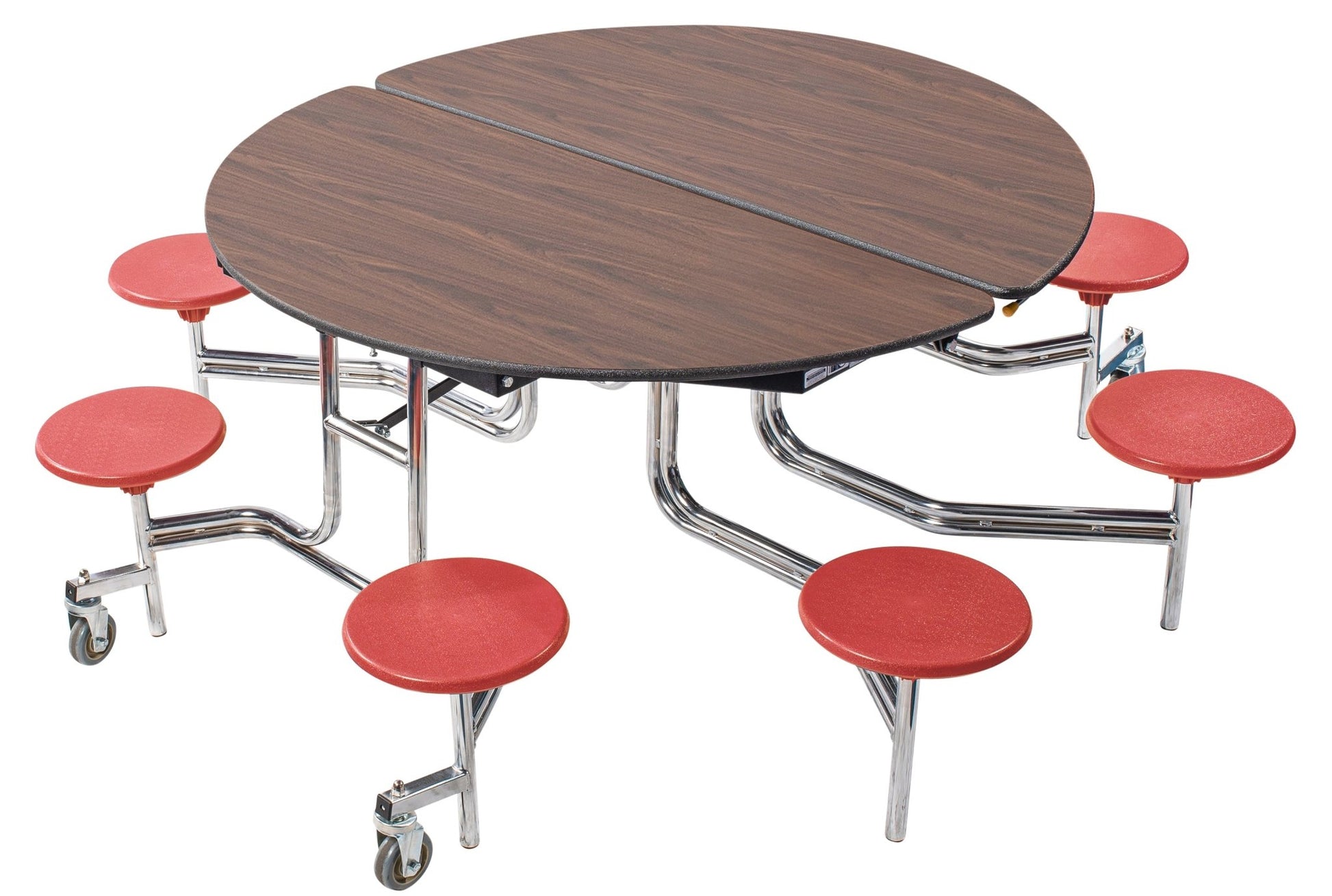 NPS 60" Round Mobile Cafeteria Table - 8 Stools - Particleboard Core - T-Molding Edge - Chrome Frame - SchoolOutlet