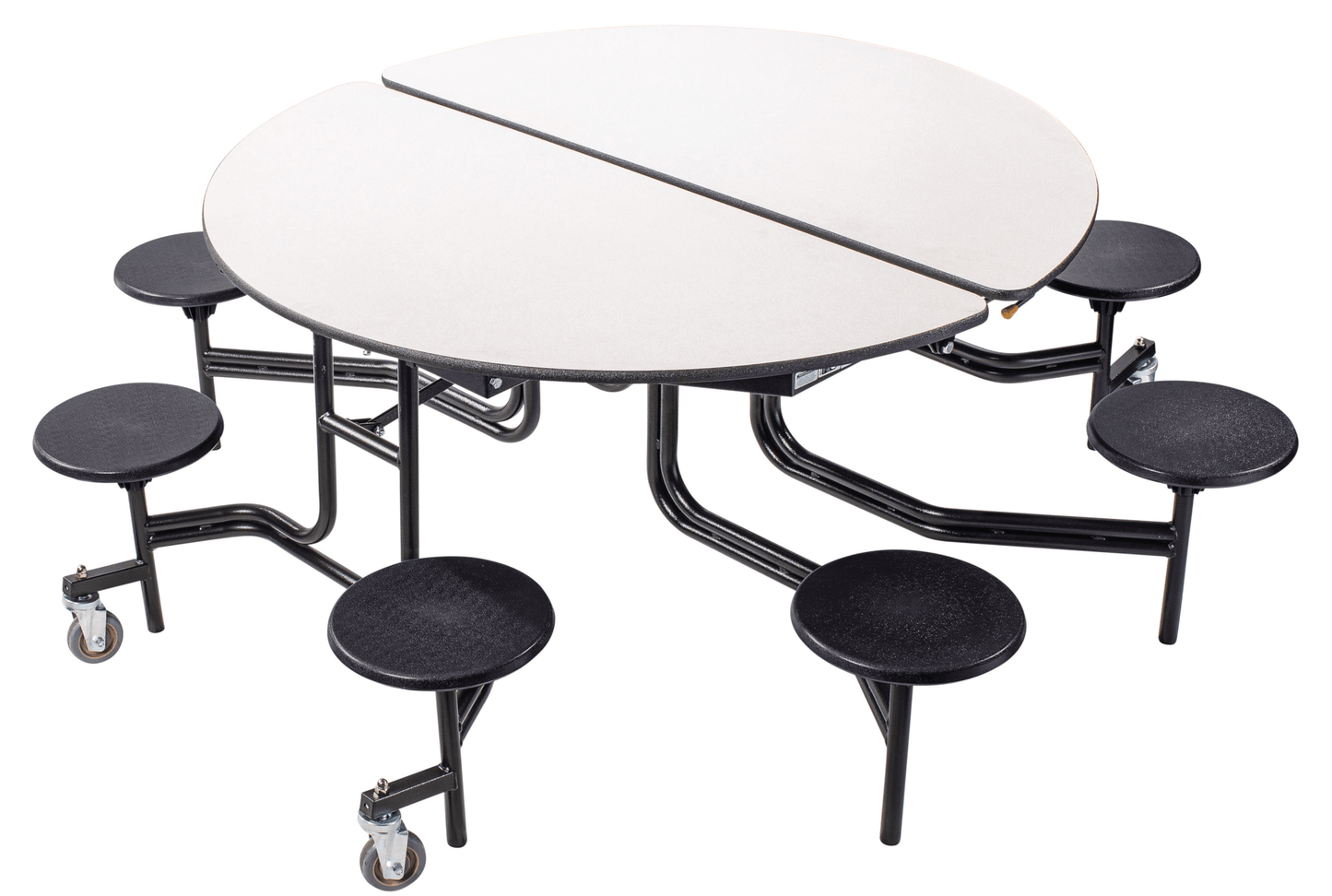 NPS 60" Round Mobile Cafeteria Table - 8 Stools - Particleboard Core - T-Molding Edge - Black Powdercoated Frame - SchoolOutlet