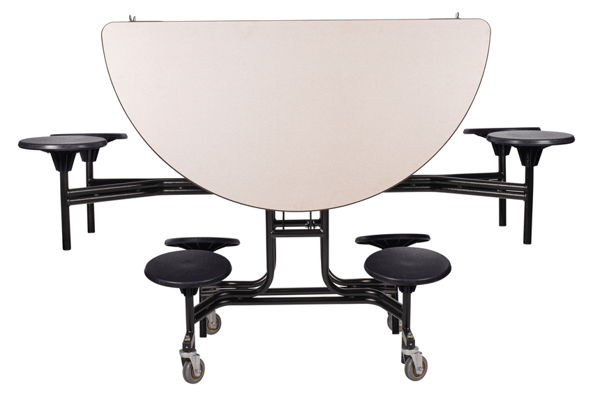 NPS 60" Round Mobile Cafeteria Table - 8 Stools - Particleboard Core - T-Molding Edge - Black Powdercoated Frame - SchoolOutlet
